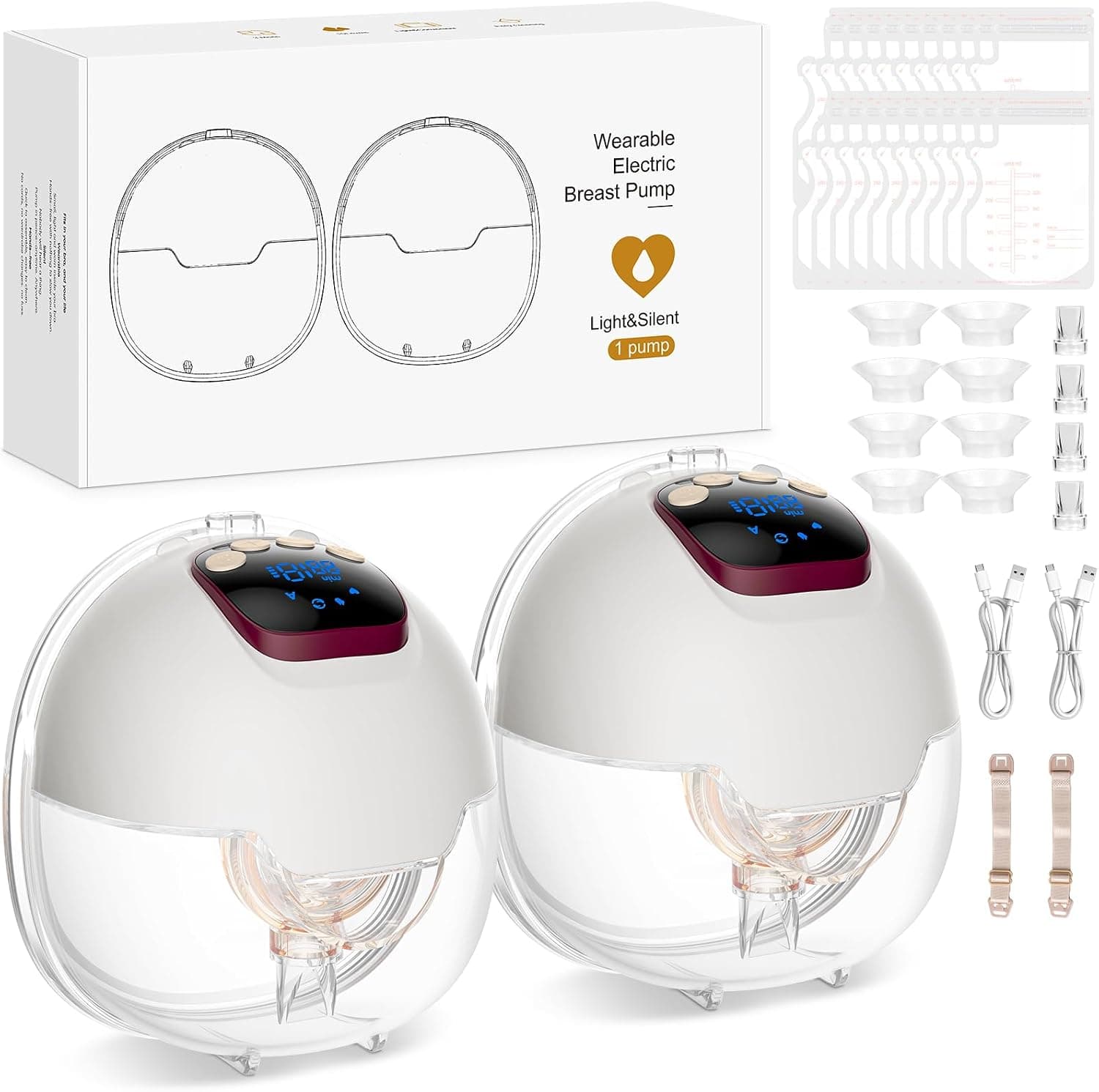 Sacaleches Eléctrico Manos Libres 4 Modos y 15 Niveles Sacaleches Electricos con Pantalla LED 180ml Extractor de Leche Materna con Bridas de 18/20/22/24 mm (2 Piezas)