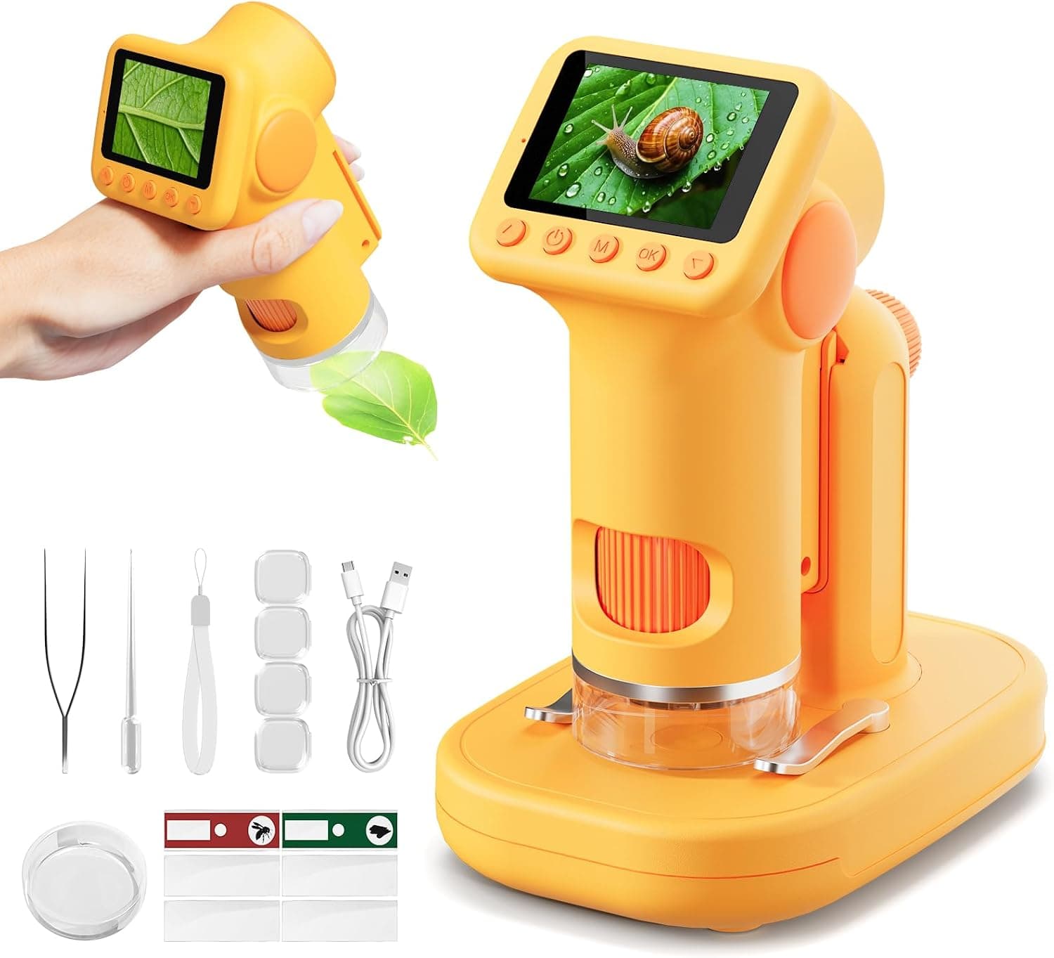 1600X Microscopio para Niños, 2.0" Pantalla Mini microscopios Digitales con Kit de Portaobjetos y 6 Luces LED, Juguetes Ciencias Educativas, Niños Alumnos de 3 a 12 Años (Amarillo)