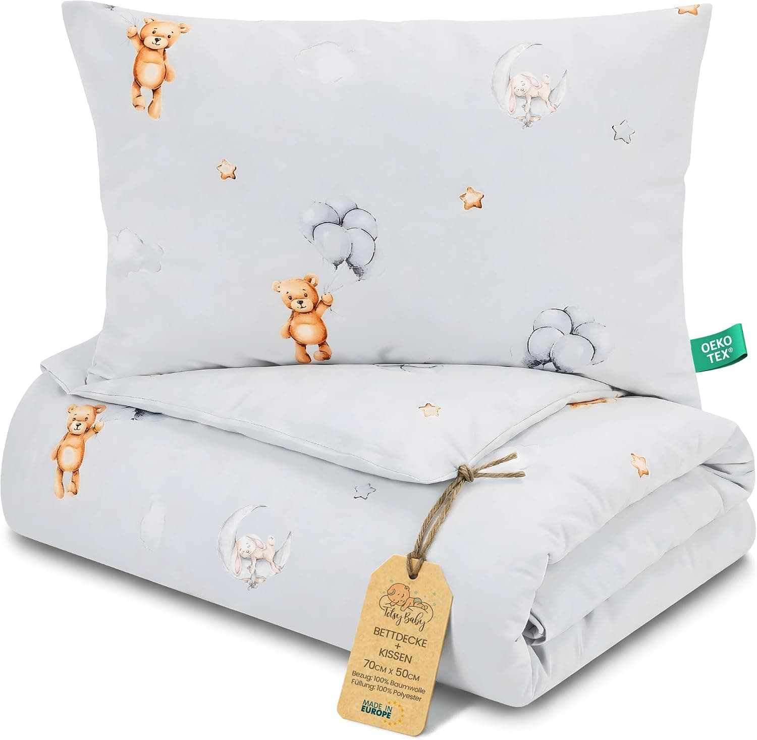 Totsy Baby Edredon Relleno nordico Cama Infantil Algodón - 50x70 - Bebe rellena Juego de Manta 50 x 70 cm con Almohada 40 x 35 cm por niños e niñas Oeko-Tex Osos de Peluche