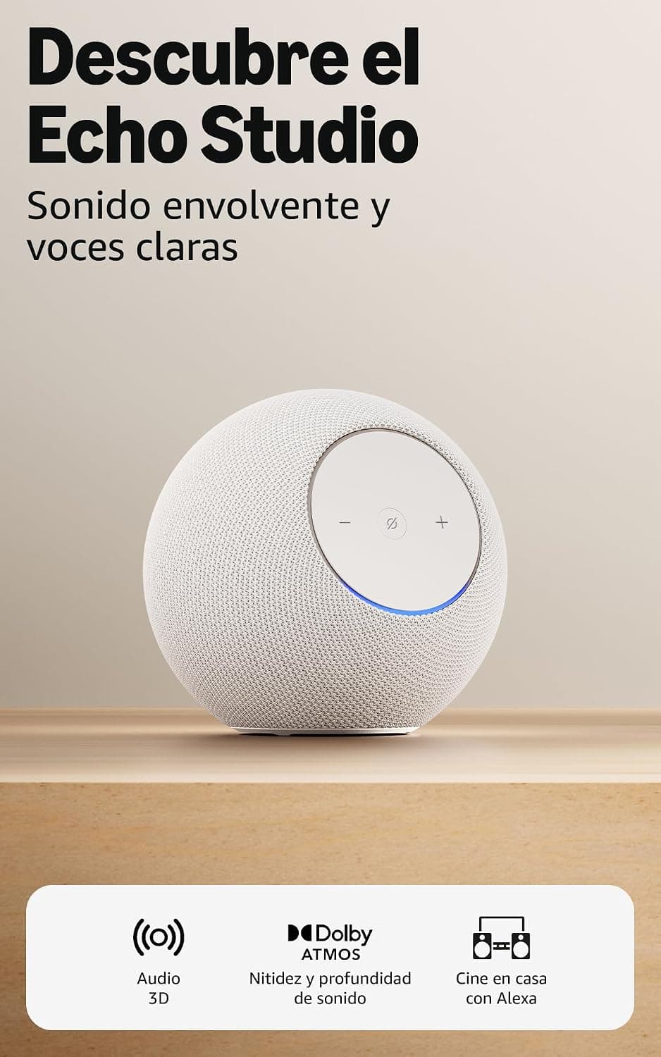 Amazon Echo Studio (última generación), diseño compacto, audio 3D inmersivo y Dolby Atmos, (blanco), con Acceso Anticipado a Alexa+