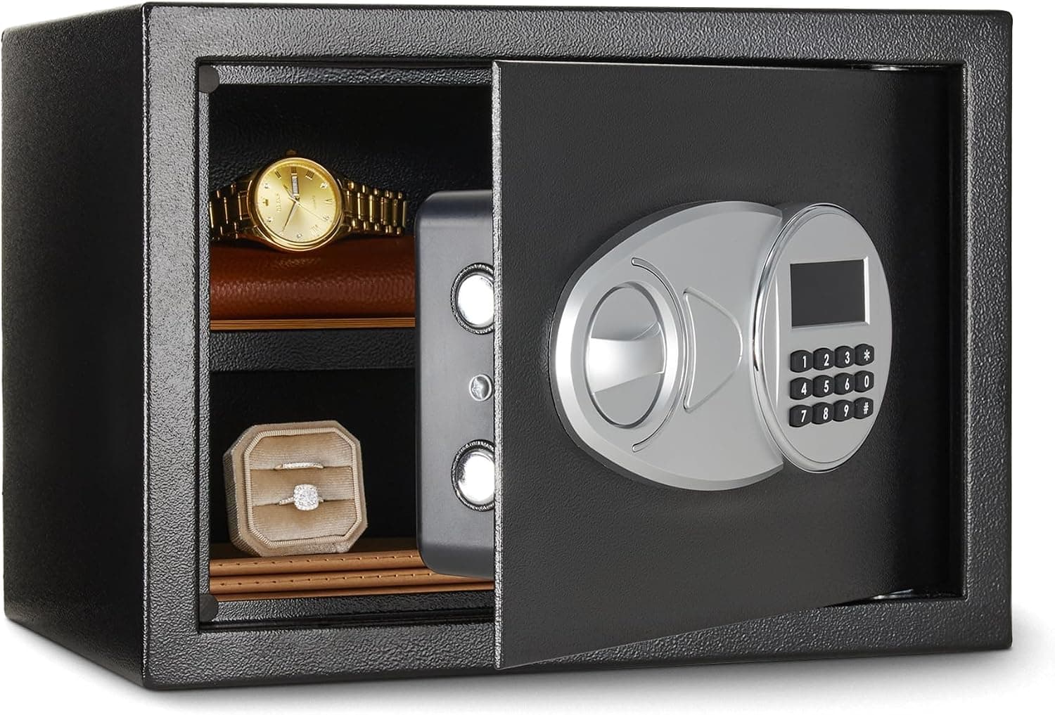 Amazon Basics Caja Fuerte de Seguridad de Acero con Cerradura con Teclado, Protege Dinero, Joyas, Documentos de identificación, 14 l, 35 cm x 25 cm x 25 cm, Color Negro