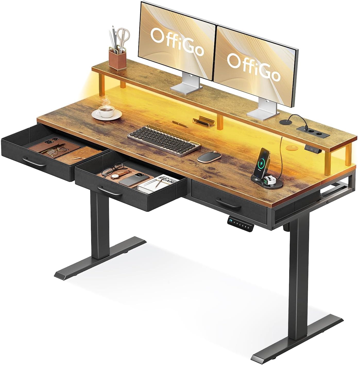 OffiGo Mesa Elevable Escritorio con 3 Cajones, 140cm Mesa Gaming, Marrón