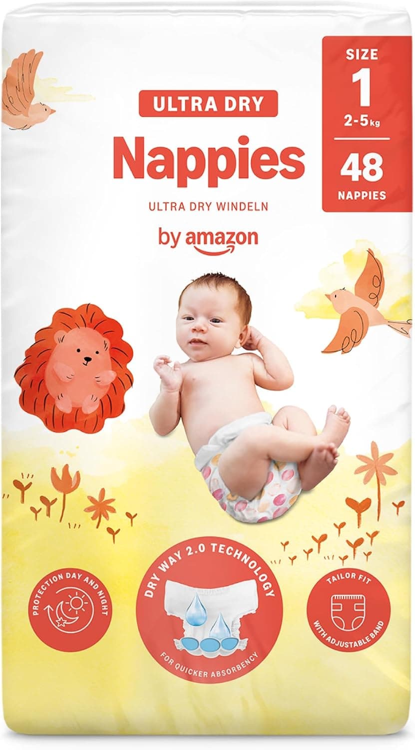 Marca Amazon - Mama Bear Pañales ultra-secos, Talla 1 (2-5 kg), Con canales, Bianco, 48 Unidad (1 Paquetes de 48) - Nueva versión