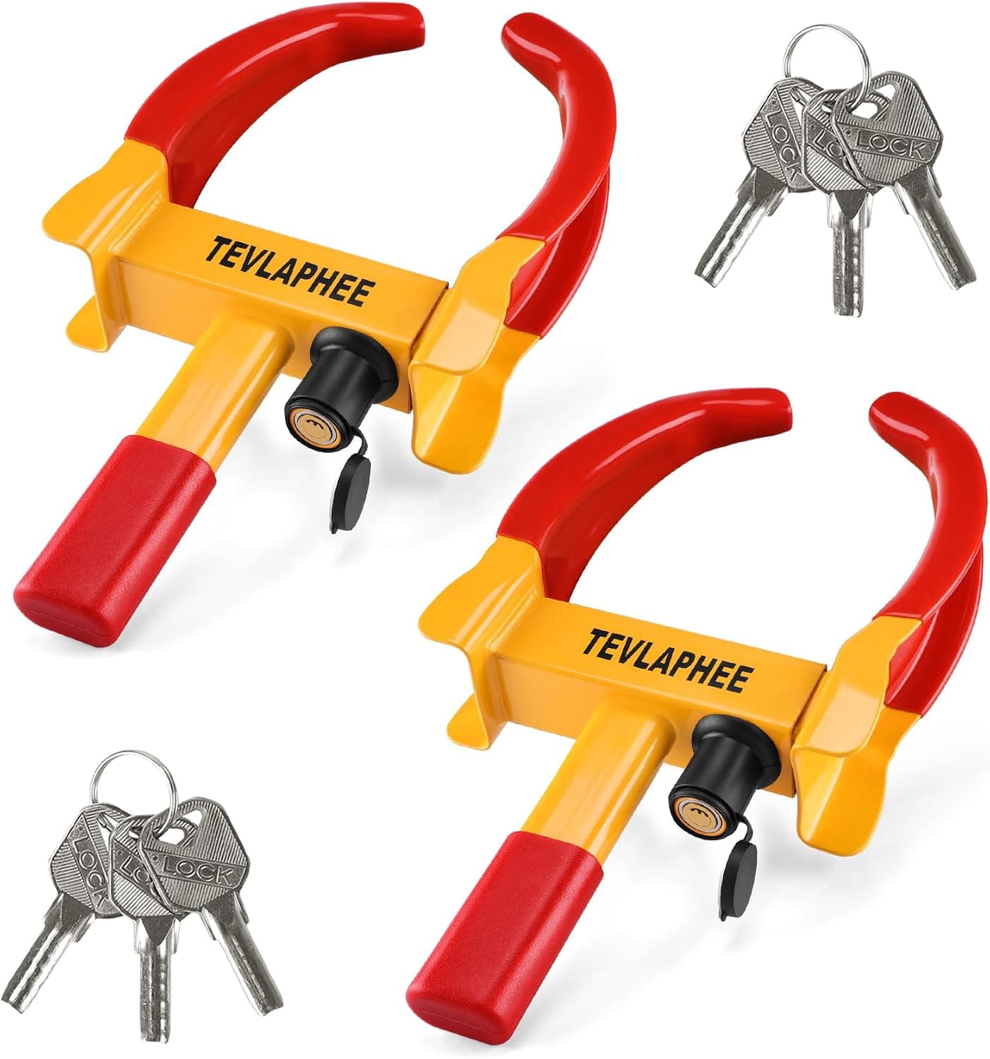 Tevlaphee 2 Paquete Cepo Antirrobo Rueda Coche Remolque Caravana Reforzado Universal Ajustable Protección PVP Cerradura Antitaladro 6 Mismas Llaves (Rojo & Amarillo – 2 Paquete)