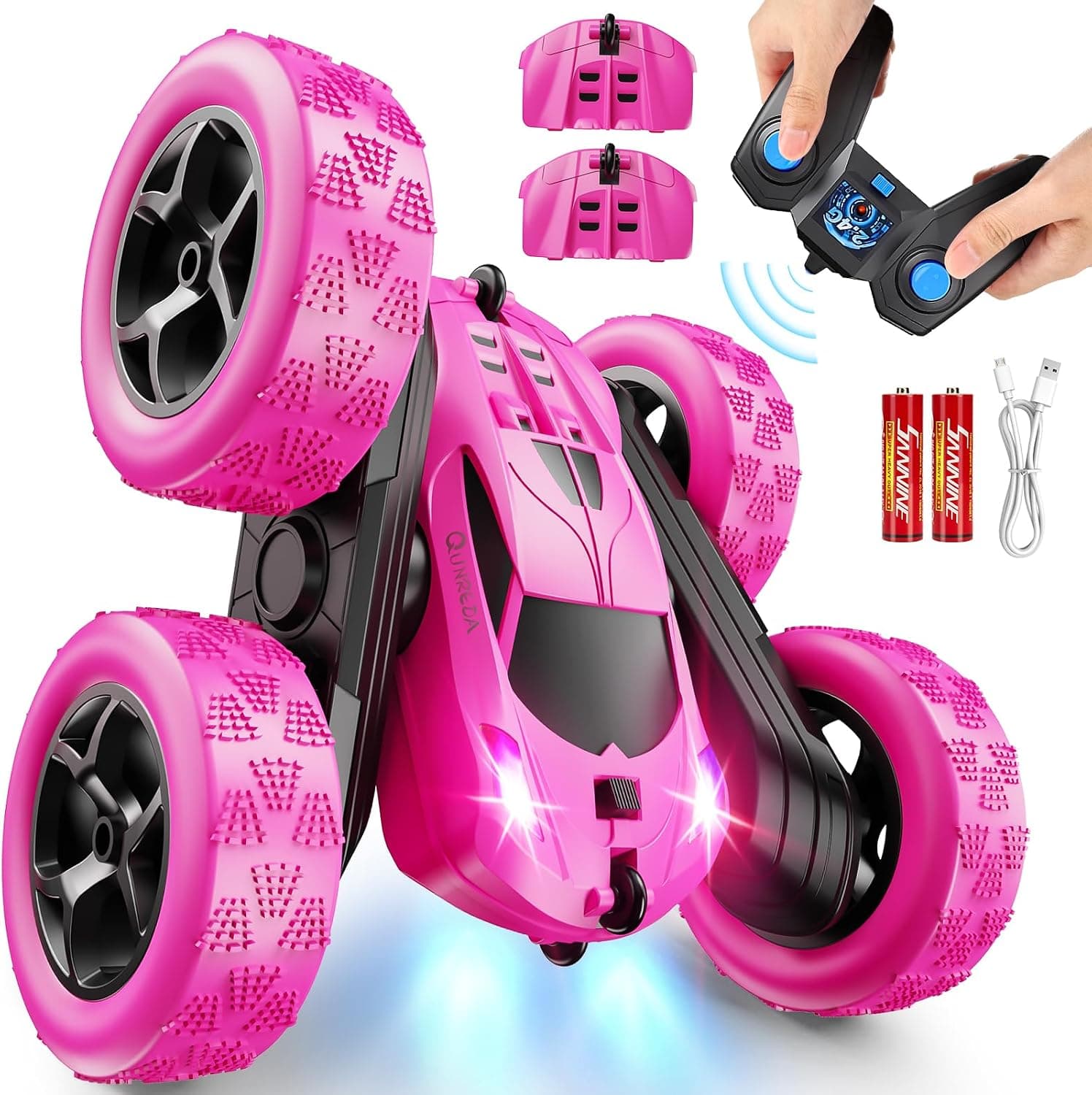 QUNREDA Coche Teledirigido RC Stunt Car 4WD 2,4 GHz – 360° Volteos, Luces LED, Baterías Modulares USB-C,Juguetes para Niños 6-12 Años, Regalo de Cumpleaños (Fucsia)