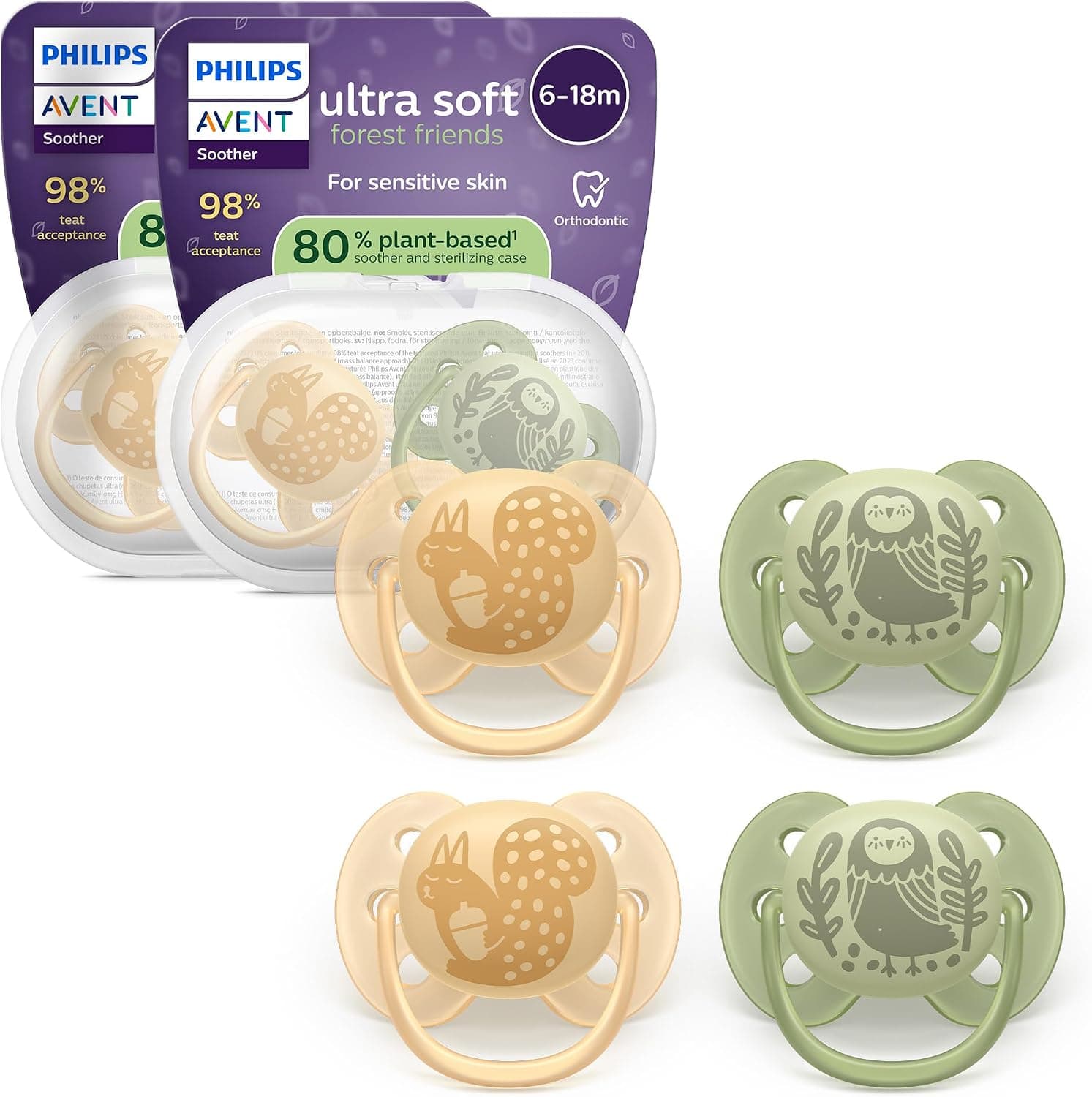 Philips Avent chupetes ultra soft: diseño anatómico, para bebés de 6 a 18 meses, escudo flexible, tetina simétrica de silicona, sin BPA, 2 fundas esterilizadoras, paquete de 4, SCF091/52