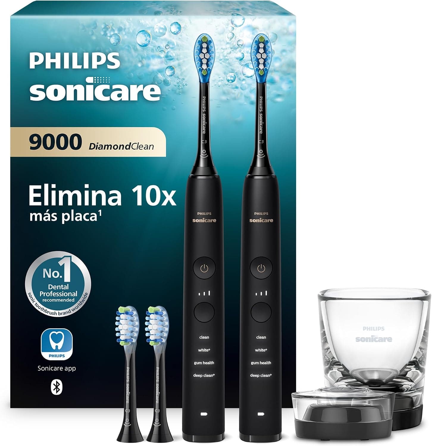 Philips Sonicare DiamondClean 9000, cepillo dental eléctrico, paquete doble, cepillo dental sónico con aplicación, sensor de presión, vaso de carga, negro, modelo HX9914/63