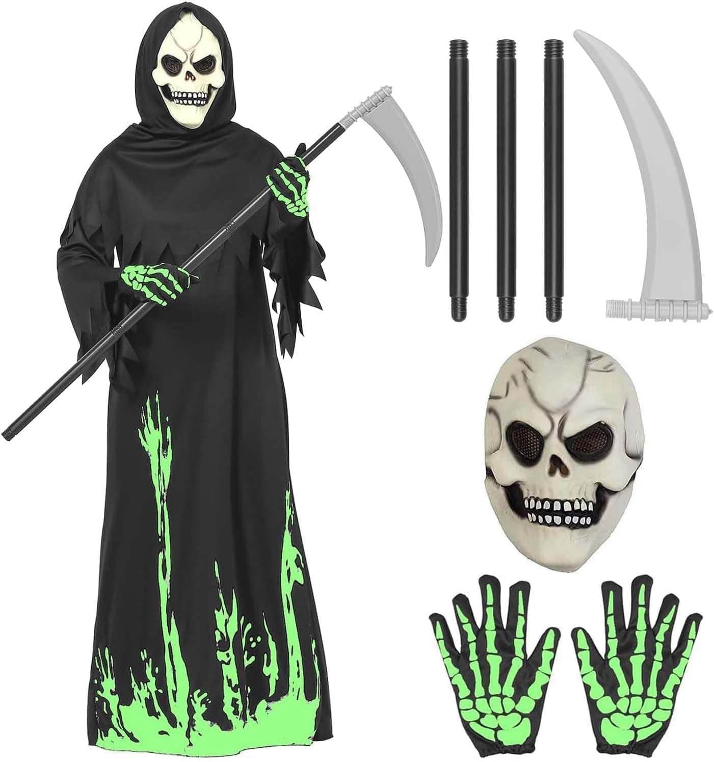 Disfraz Halloween Niño Disfraz Esqueleto Niño, Disfraz Halloween Niños Que Incluye Mono que Brilla en la Oscuridad, Máscara de látex que Brilla en la Oscuridad, Guantes y Guadaña