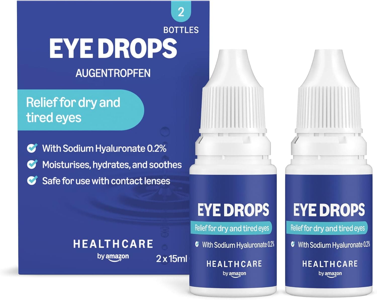 Healthcare by Amazon Colirio ocular con hialuronato de sodio al 0.2 %, 15 ml (Paquete de 2) (Anteriormente una Marca de Amazon Basic Care, el Mismo Producto)