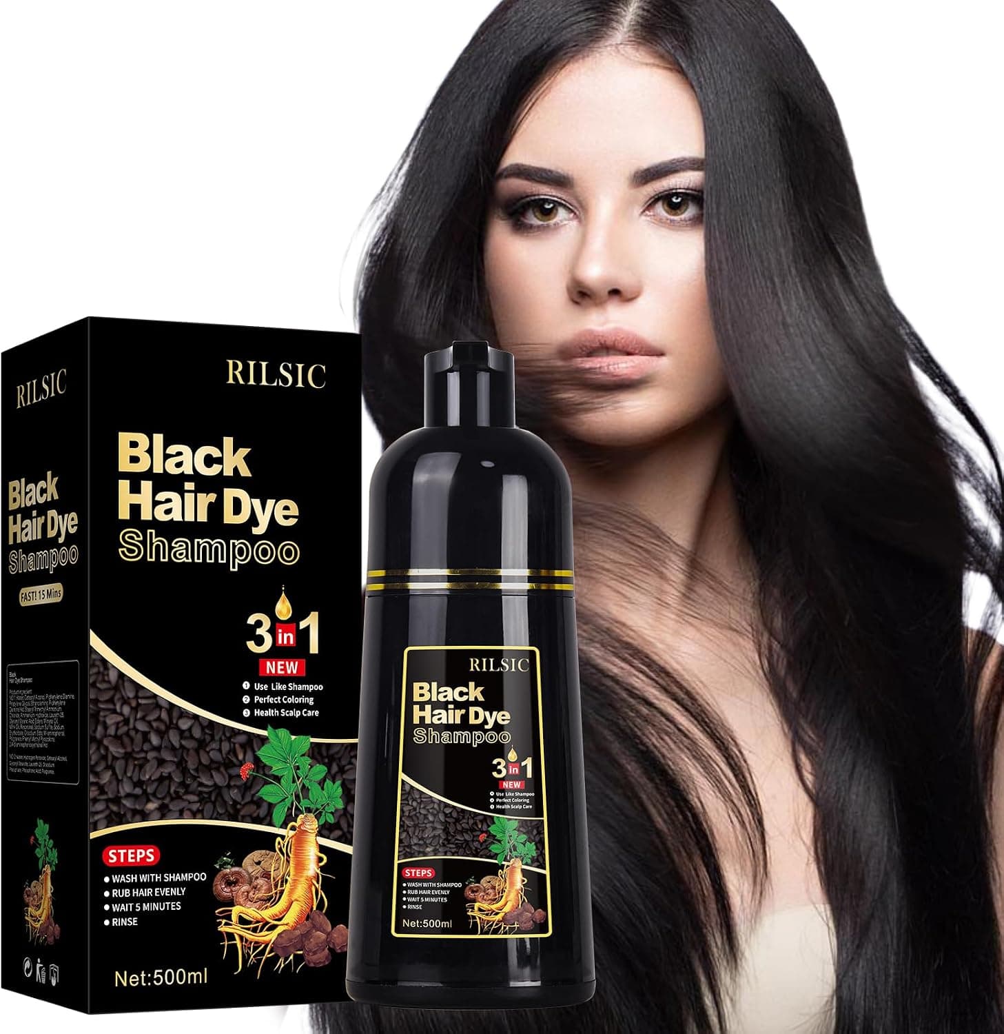 Black Hair Dye Shampoo 3 en 1 Cubre Canas, Champú Tinte Negro Cubrir Canas