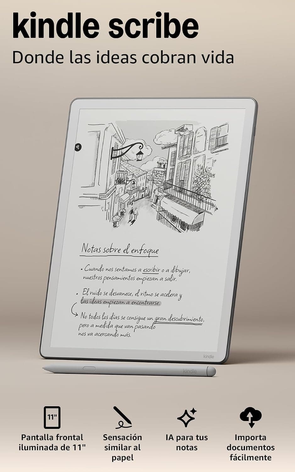 Amazon Kindle Scribe (última generación): más fino, ligero y rápido, con pantalla similar al papel de 11" y luz frontal; escribe en cuadernos, documentos y libros (32 GB)
