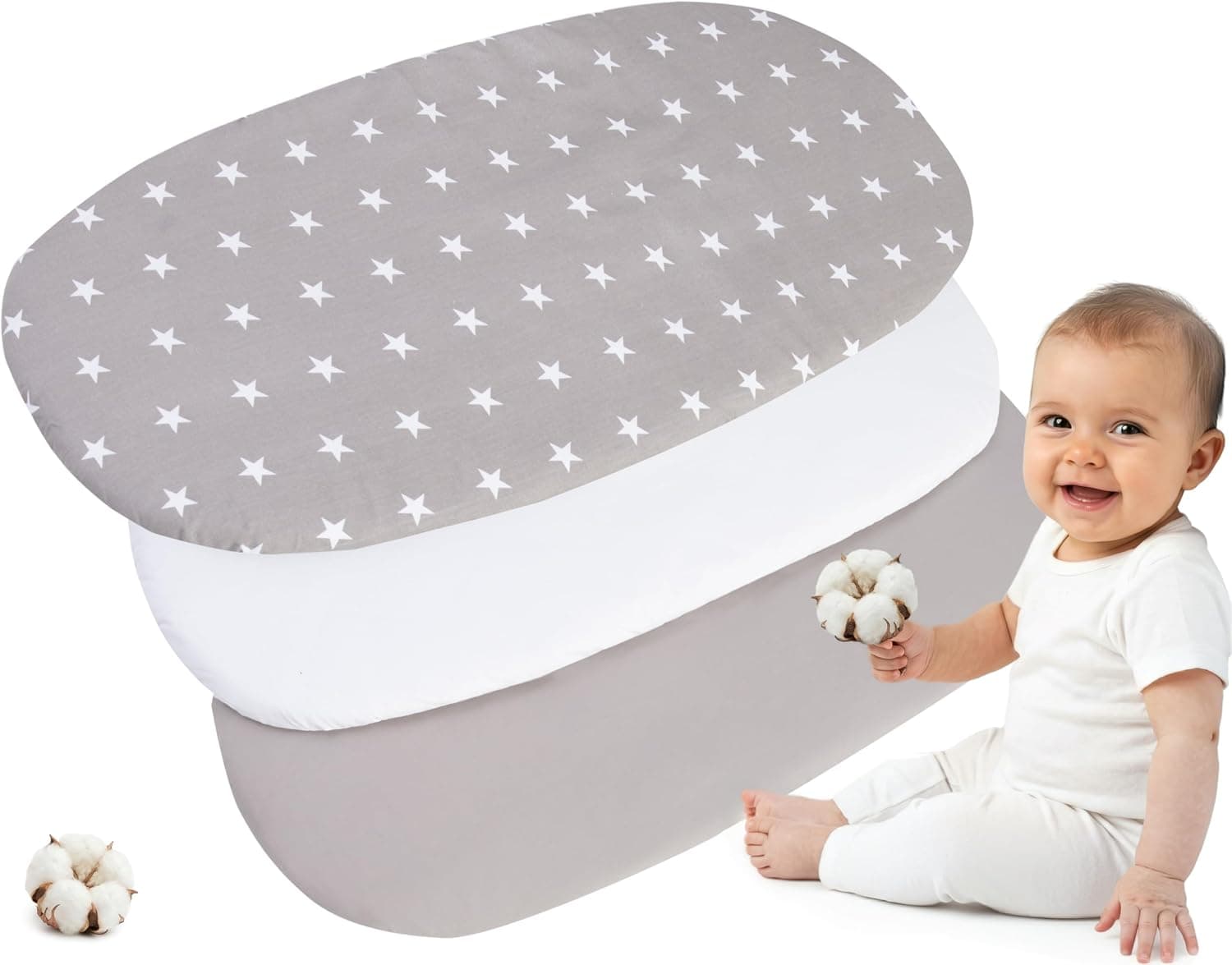 Medi Partners Sabanas Cuna Bebe 86x40 Sabana Bajera Capazo Set de 3 Funda Colchon Combiador para Carro - 100% Algodón Universal Minicuna Moises Sábanas Carrito (Estrellas sobre Gris-Blanco-Gris)