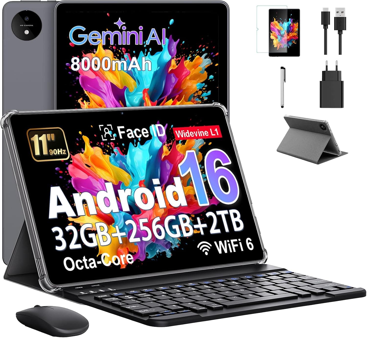 Tableta 11 Pulgadas en Gemini AI, Tableta Android 16 en Funda, Teclado & Ratón, Octa-Core, 32 GB RAM + 256 GB ROM + 2 TB TF, 1920x1200 Pantalla HD, 90 Hz, Cámara Doble 8MP + 16MP, 8000 mAh (Gris)