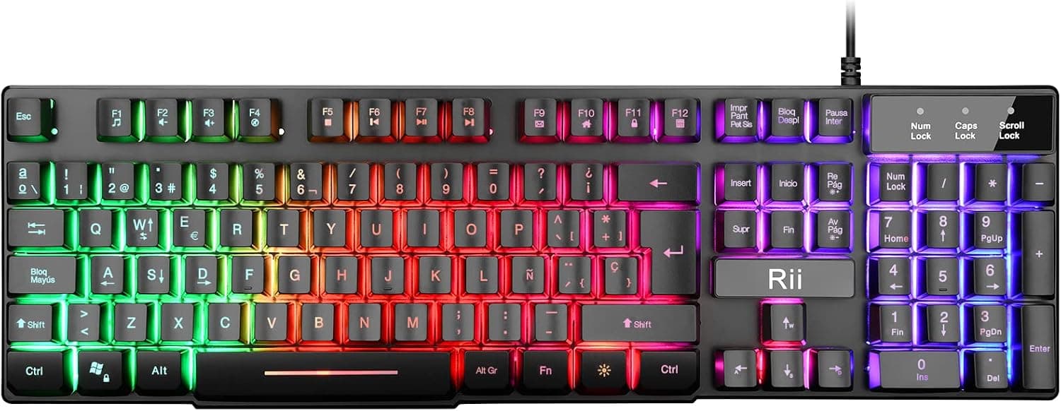 Rii RK100 Plus Teclado retroiluminado Gaming,7 Colores Rainbow LED,Teclado para Juegos con Cable USB,Disposición QWERTY Español