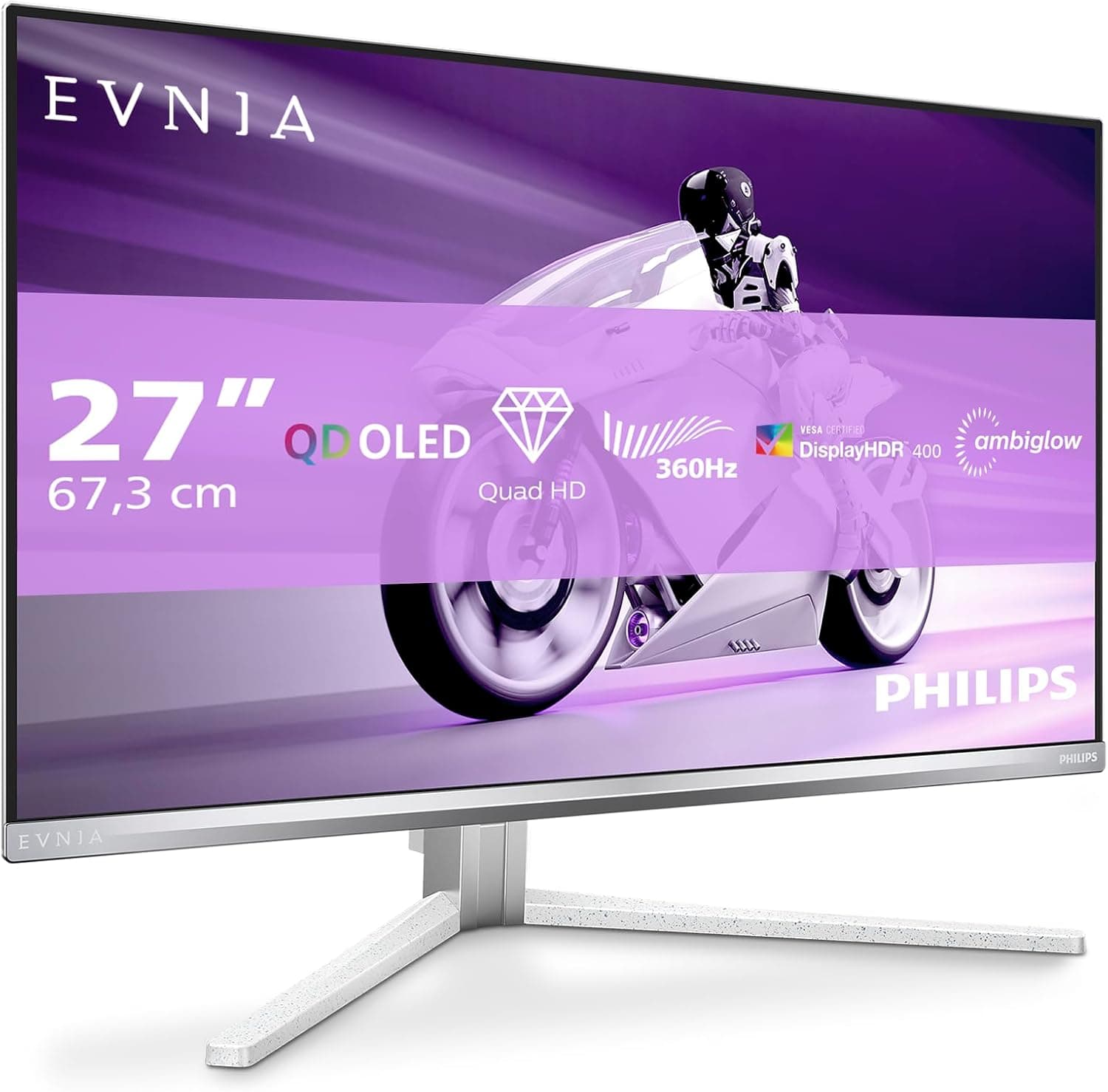 PHILIPS Evnia 27M2N8500AM - Monitor Gaming OLED QHD de 27 Pulgadas, 360 Hz, 0,03 ms, HDR400, FreeSync. Prem., Comp. G-Sync. (2560x1440, 2X HDMI 2.1, 1x DP 1.4, concentrador USB) Blanco