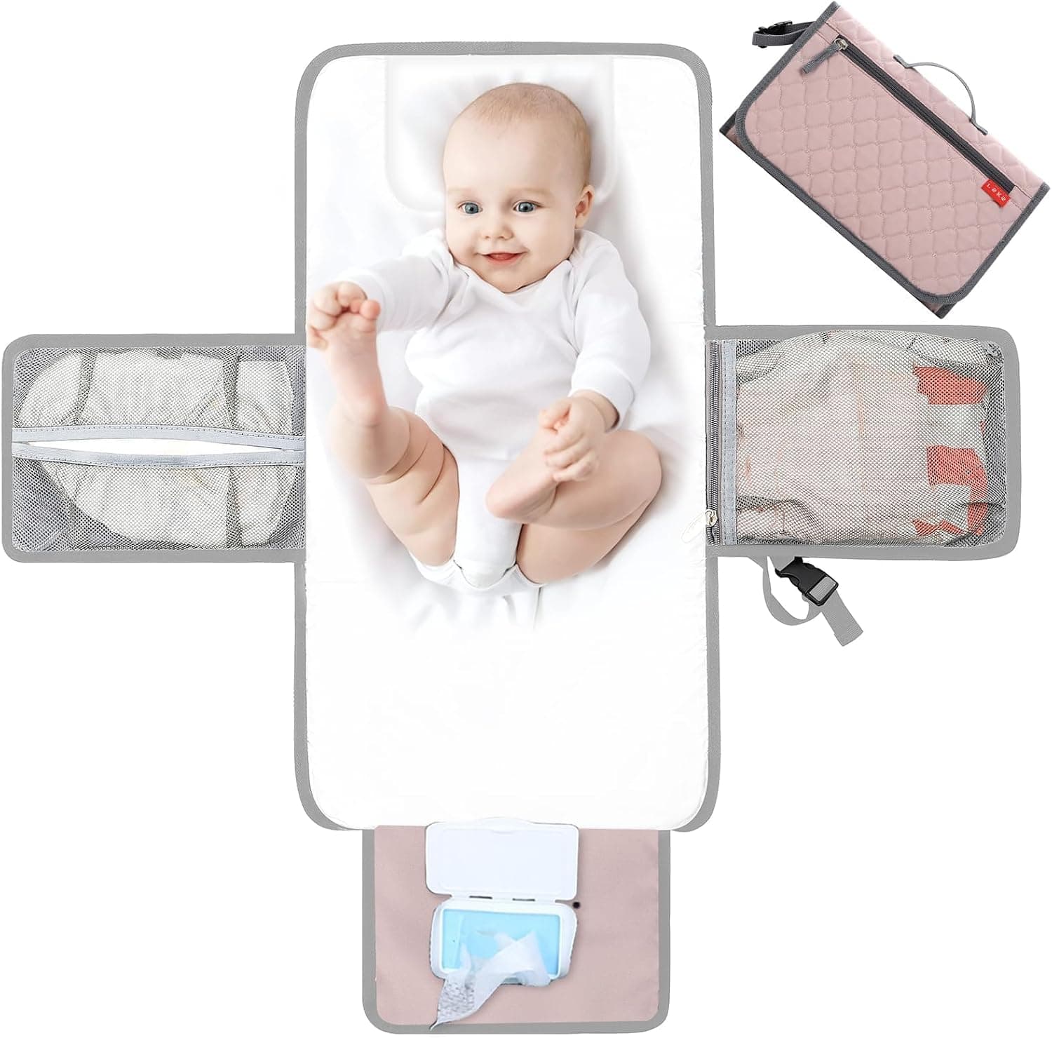 Lekebaby Cambiador de pañales portátil con bolsillo y cojín para la cabeza, acolchado de diamantes (Rosa)