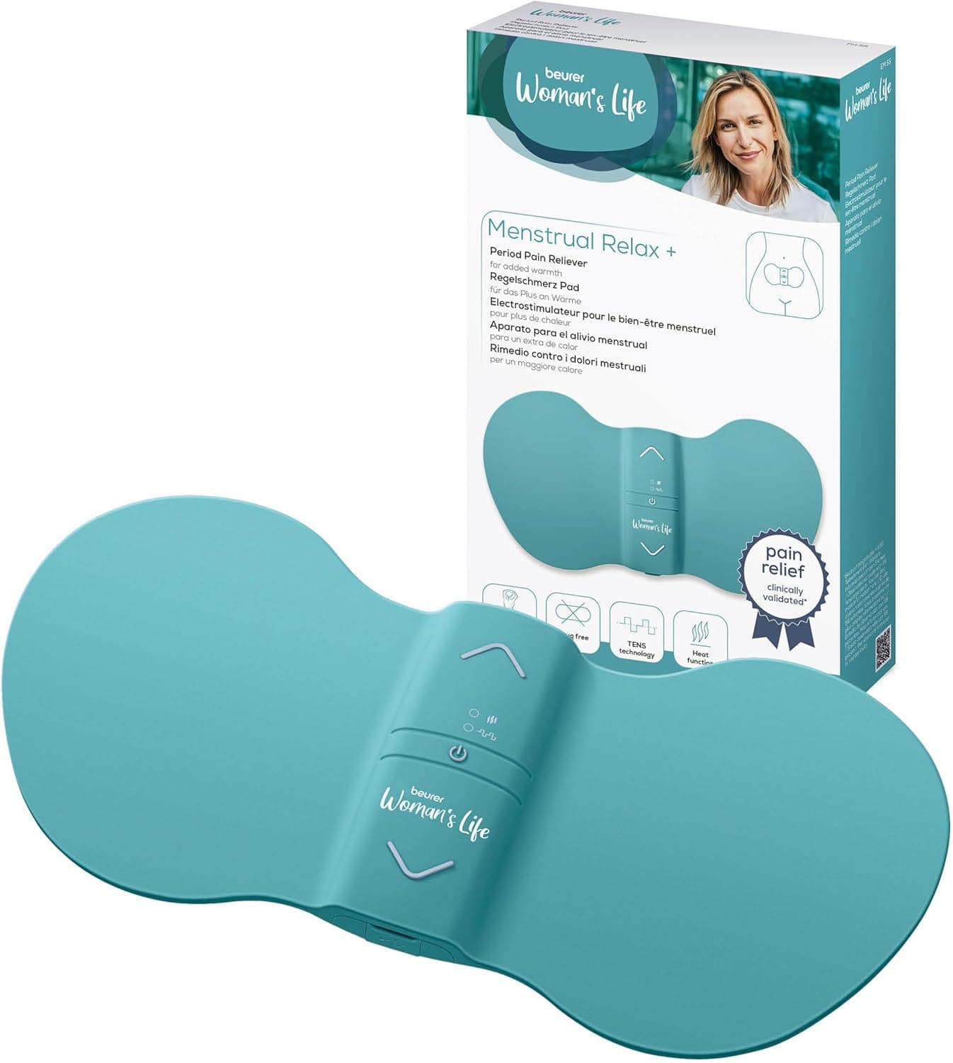 Beurer EM 55 Menstrual Relax+ , contra el dolor menstrual y el dolor de la endometriosis, TENS y función de calor, con batería recargable, superficie de calor más grande, turquesa