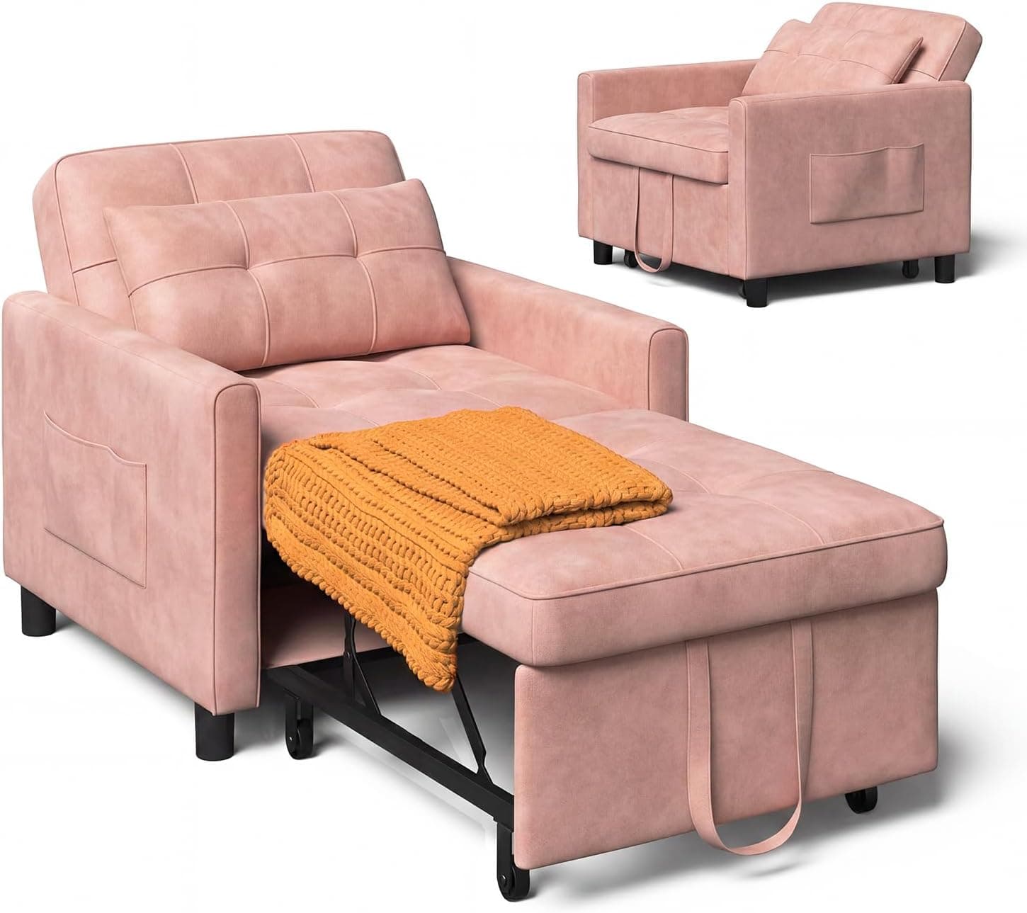 Xbro Sofá Cama Convertible Sofá Cama Plegable 3 en 1 con función de Cama, sofá Cama Ajustable con cojín y Saco, sillón con función de Dormir para apartamento pequeño,Rosado