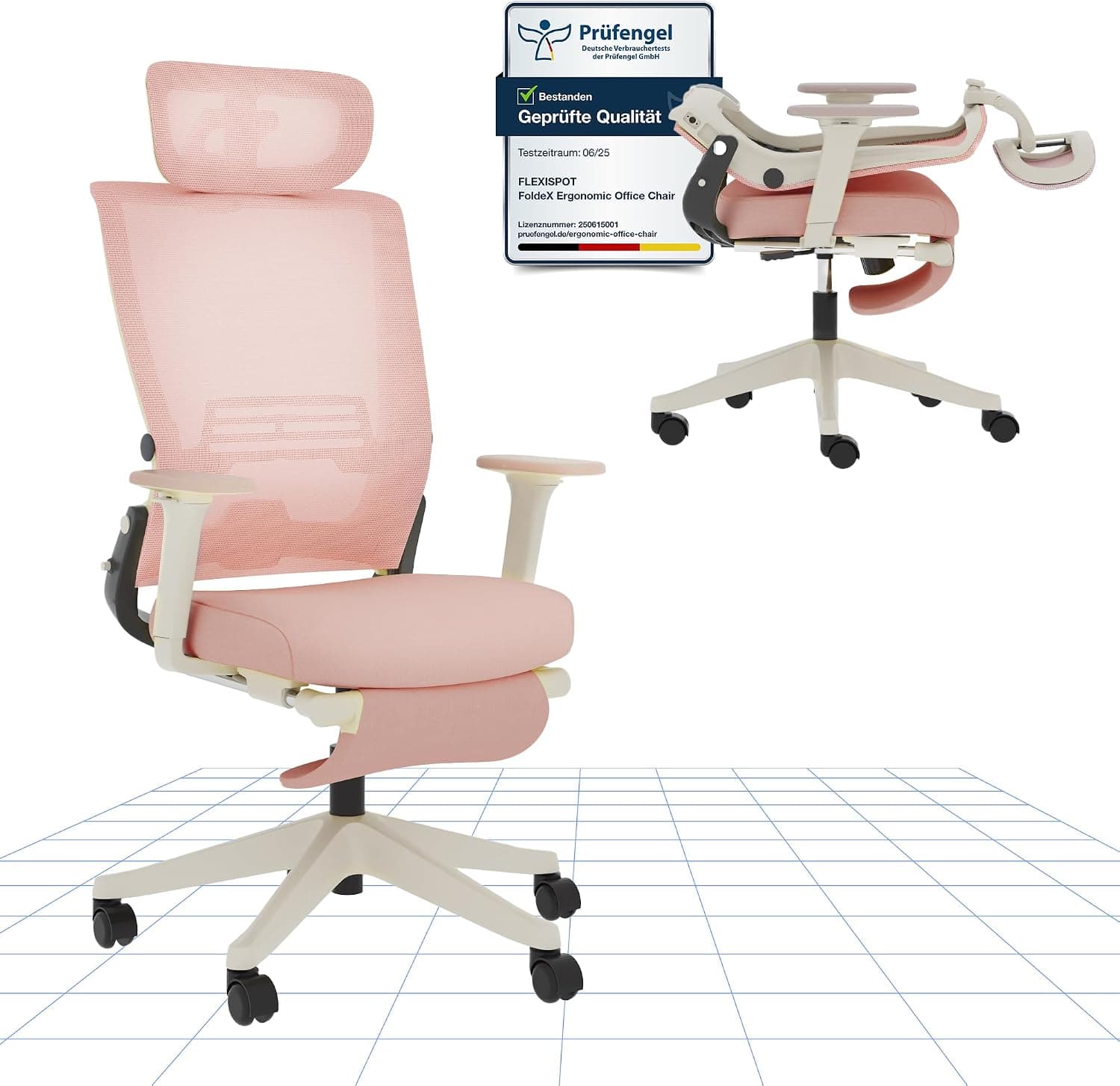 FLEXISPOT FOLDEX Silla de Oficina Ergonómica, Silla de Oficina Plegable con Apoyo Lumbar, Reposabrazos Regulables en Altura, Reposacabezas 2D, Silla de Escritorio de Malla para Oficina Casa-Kirsch