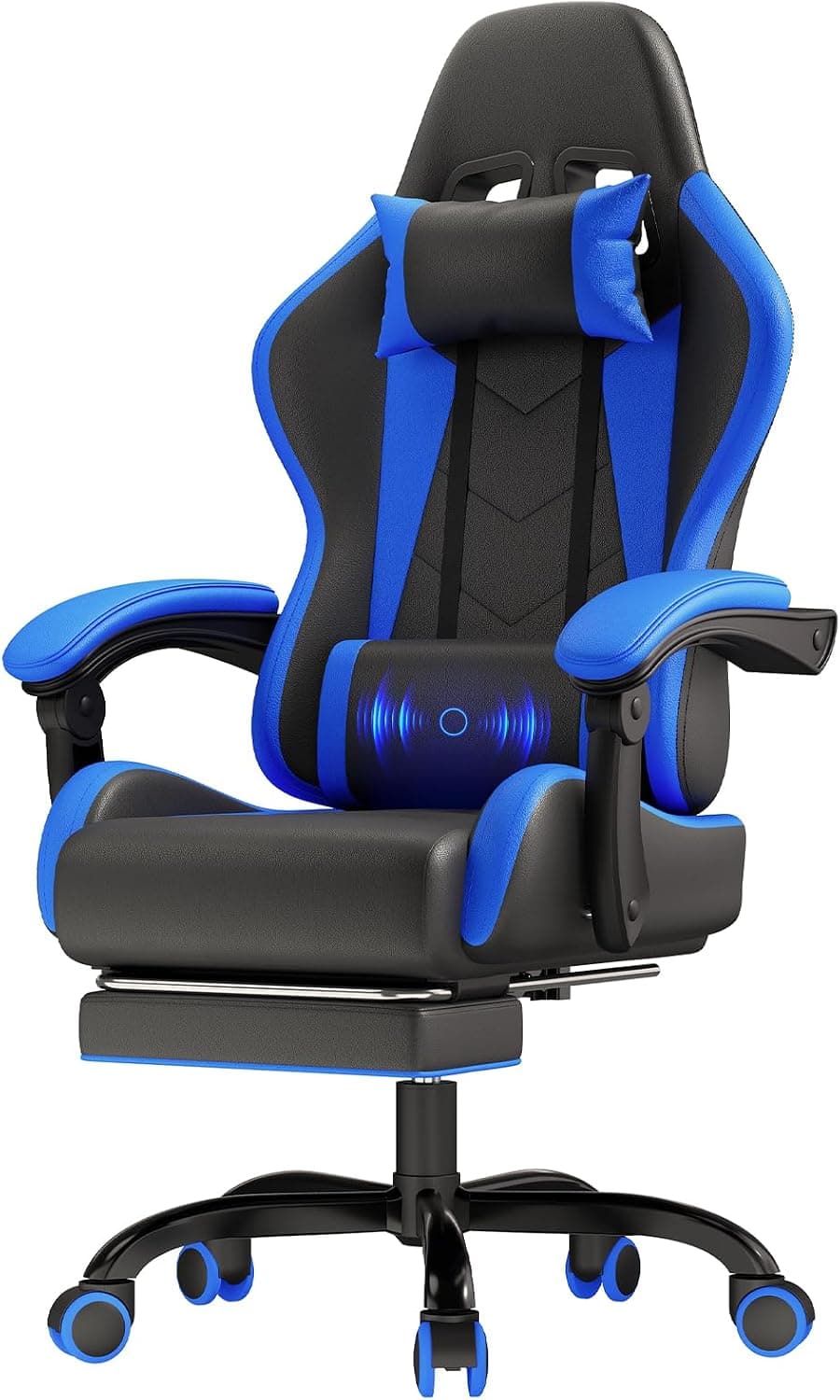 JUMMICO Silla Gaming Ergonómica con Masaje, Silla de Ordenador Reclinable 90-135° con Reposapiés, Silla de Trabajo Resistente 150 kg, Azul