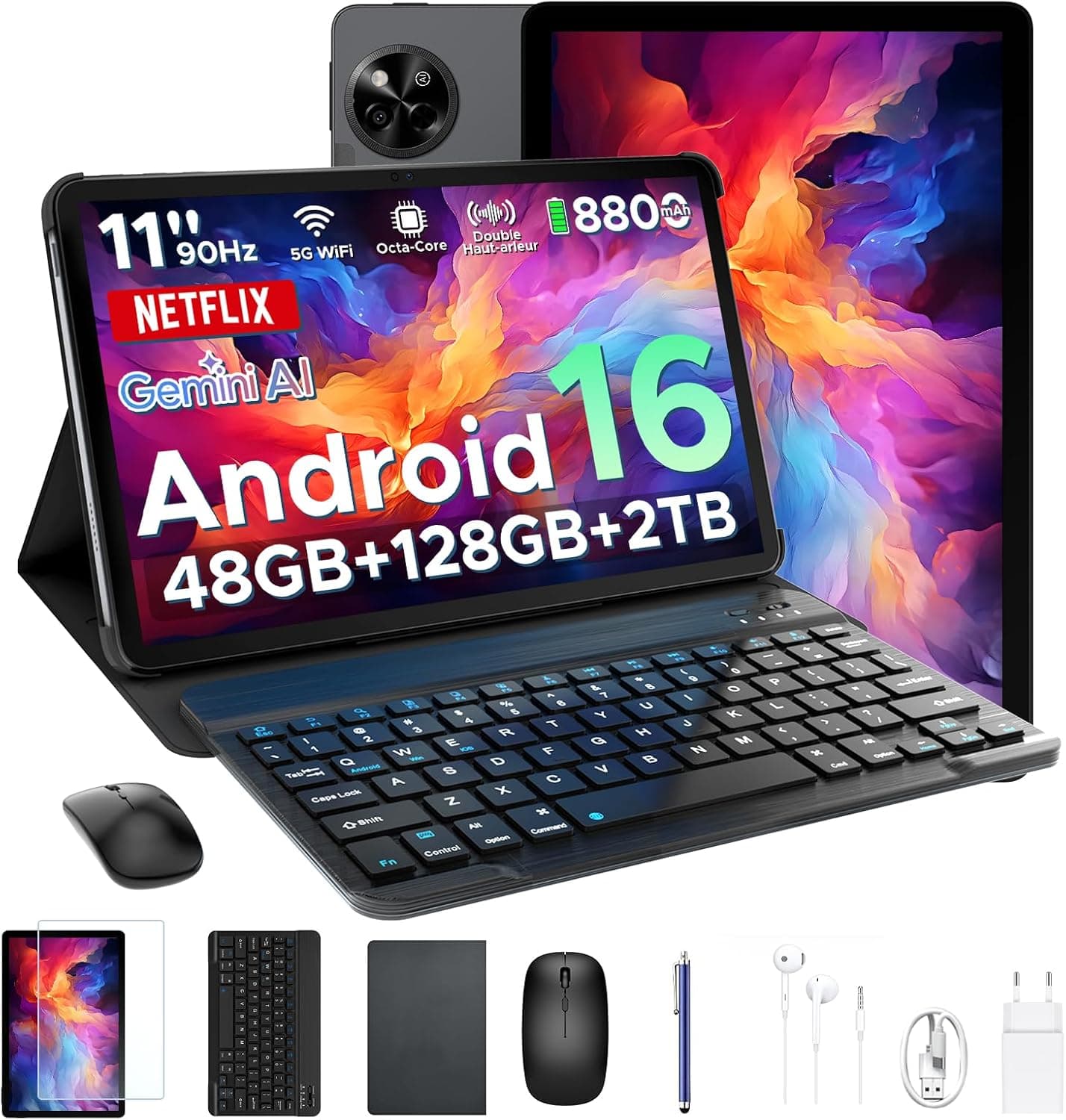 P11 Android 16 Tablet 11 Pulgadas, 48GB RAM + 128GB ROM/2TB TF, 90Hz, T7250 Octa-Core, 8800mAh, 13MP+5MP, Gemini AI, Widevine L1, Face ID, GPS, OTG, Doble altavoz, Tablet con Teclado y Lápiz, Negro