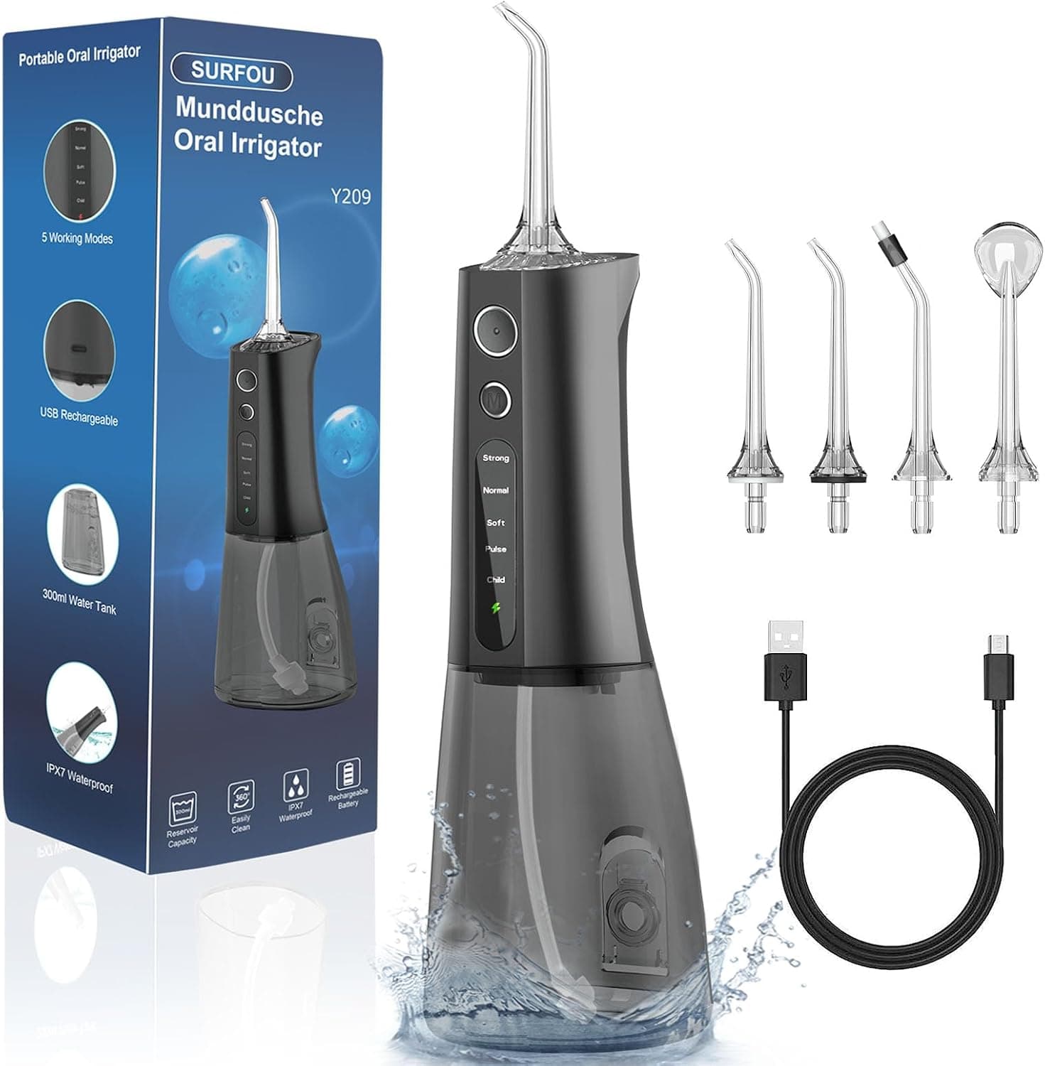 SURFOU Irrigador Dental Portatil Bucal Viaje, Limpiador Dientes Agua Presion Irrigadores Dentales Bucales, Water Flosser for Teeth Limpieza, Profesional Inalambrico Irrigador-dental Con Irradiador