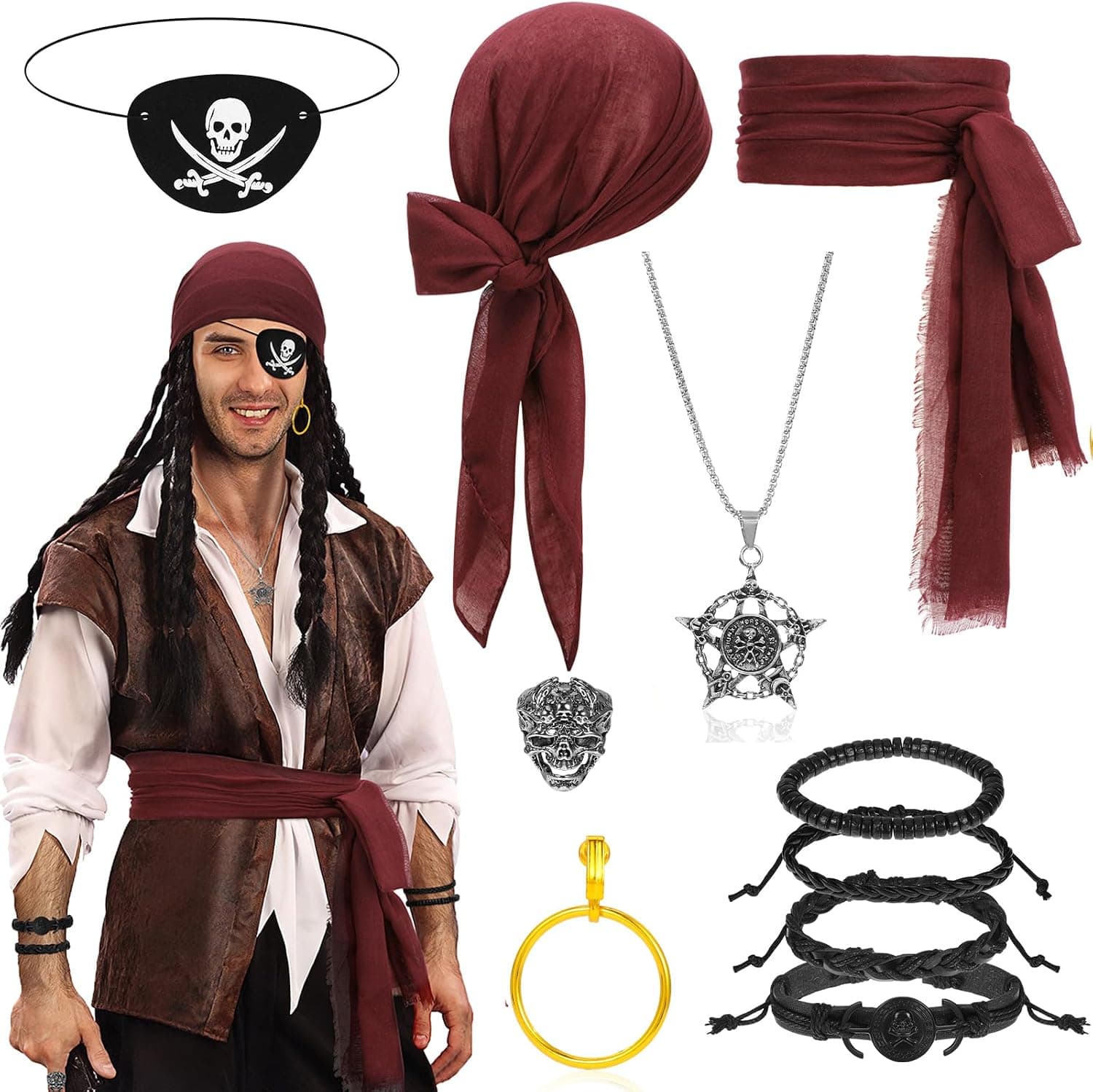 10 Piezas Disfraz Pirata Hombre Mujer,Pañuelo Pirata Parche Pirata Bandana Pirata Aretes Piratas Collar Accesorios Pirata Vintage Disfraz Medieval Para Halloween Carnaval