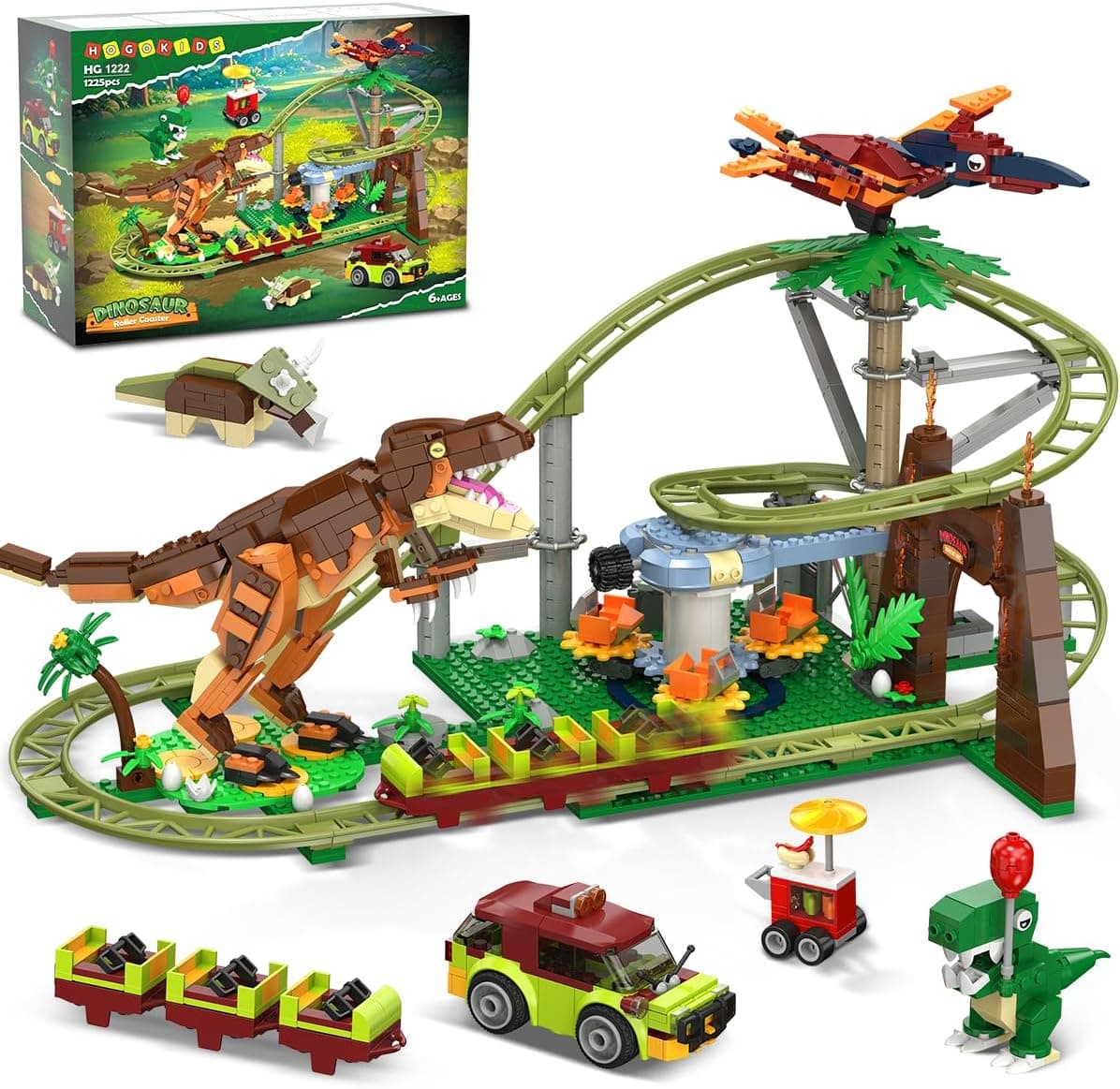 HOGOKIDS Juguete de Bloques de construcción de montaña Rusa de Dinosaurios – 1222 Piezas de Juguete de construcción de montaña Rusa con 4 Dinosaurios, vehículos Todoterreno, Modelos de Dinosaurio
