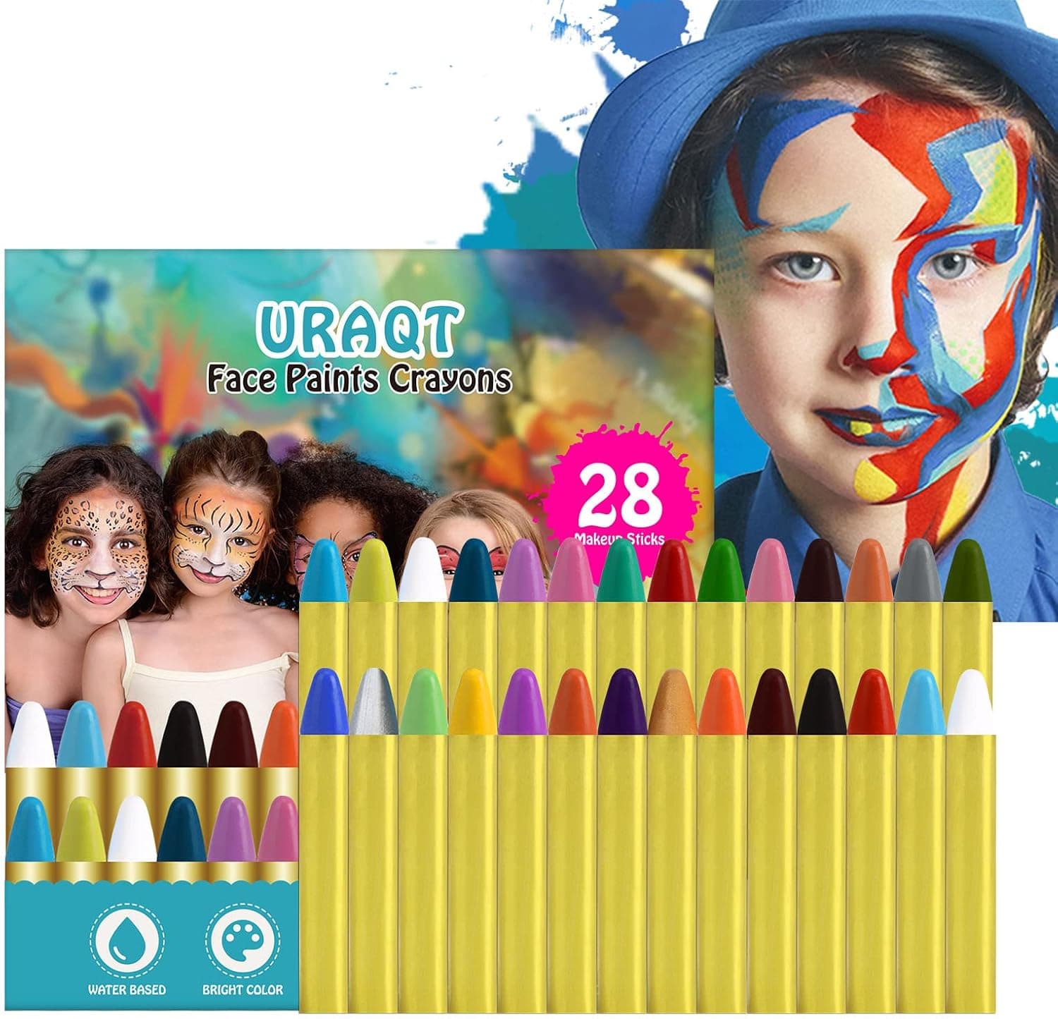 URAQT Pinturas, 28 Colores Crayones Niños de Seguridad No Tóxica, Maquillaje halloween para facial y corporal, Kit Maquillaje Festival Fiesta Cosplay Navidad