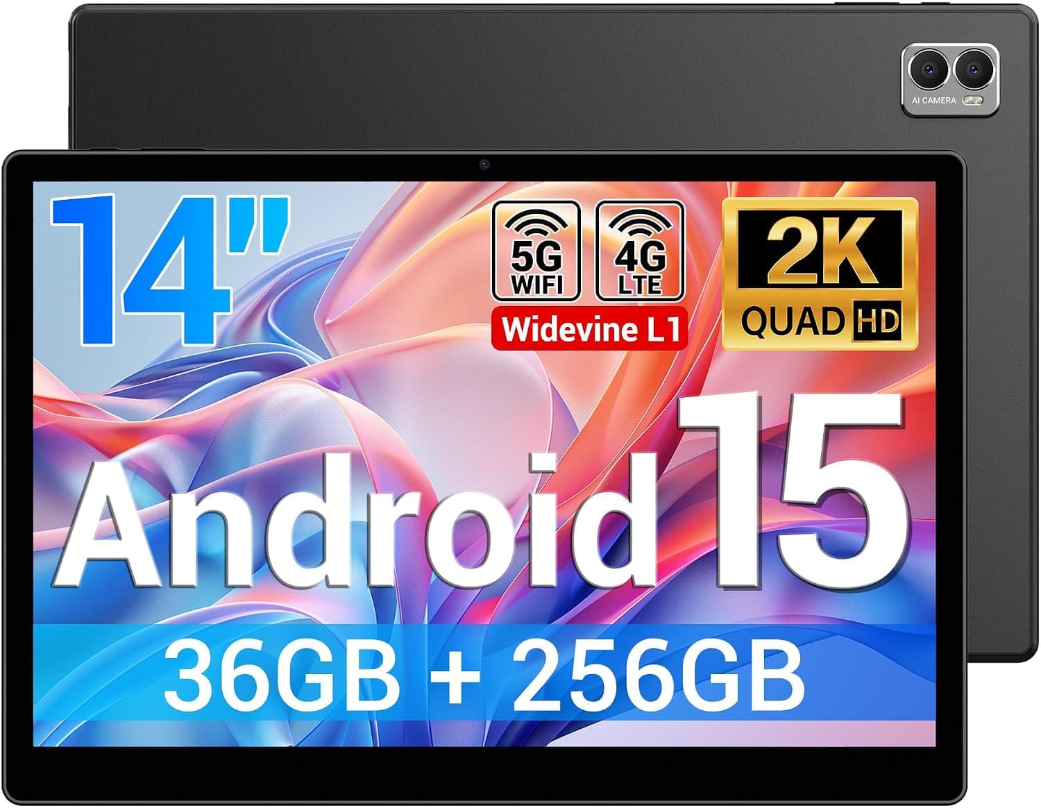 Tablet 14 Pulgadas Android 15 Tableta con 4G LTE y 5G WiFi,11580mAh y 20W,36GB RAM+256GB ROM/2000 * 1200 FHD/Face ID/GPS/BT 5.0/TÜV/USB-C,Tablet con Lapiz,Nero