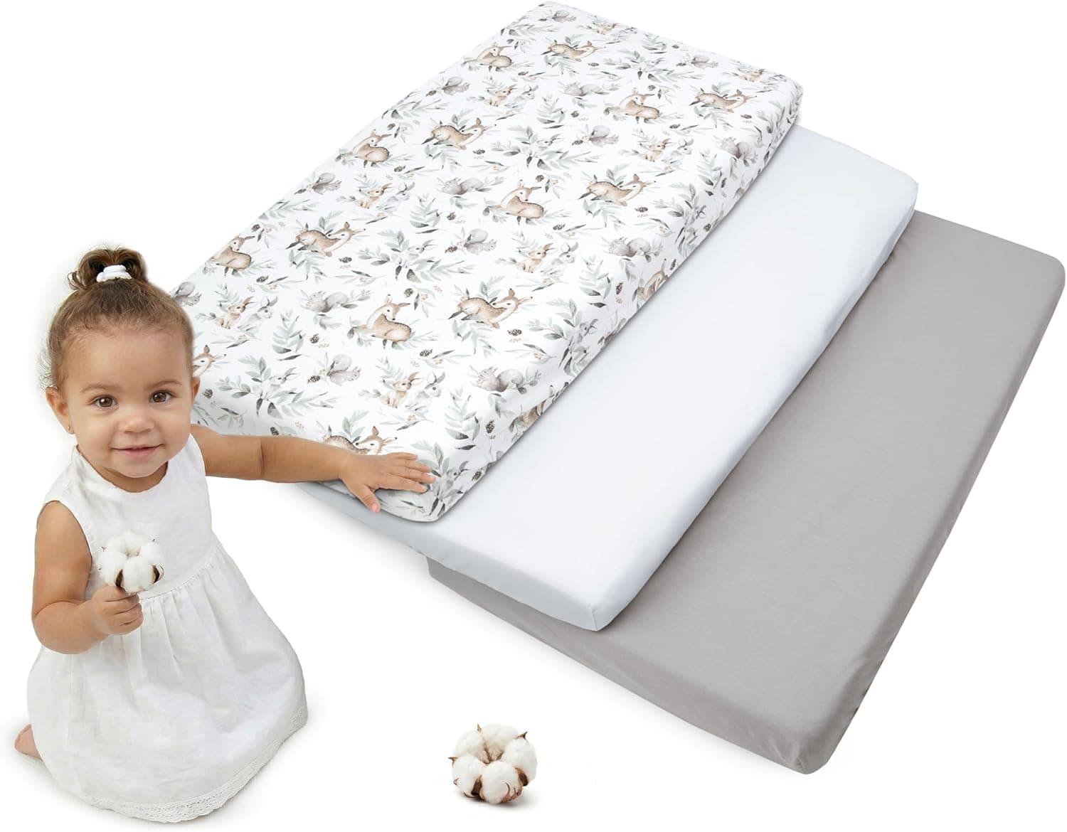 Medi Partners Sabana Bajera Cuna 70x140 Set de 3-100% Algodon Sabanas de Algodón Bebe Ropa de Cama para Bebés Dormir Cuna Fitted Bed Sheet Protector(Ciervo y Ardilla-Blanco-Gris)