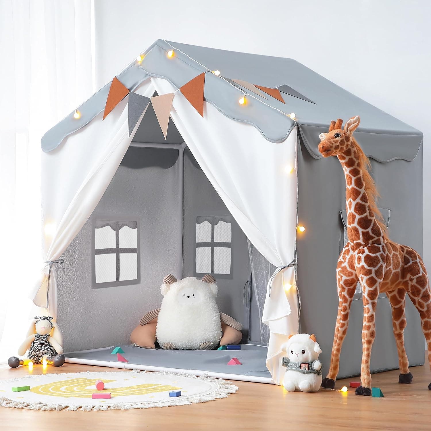 besrey Tienda de Campaña Infantil 2 en1 con Alfombra Acolchada, Luces y Banderas, Casita Infantil Tela de Juegos con 2 Puertas y 4 Ventanas, Cabañas para Niños (Gris)