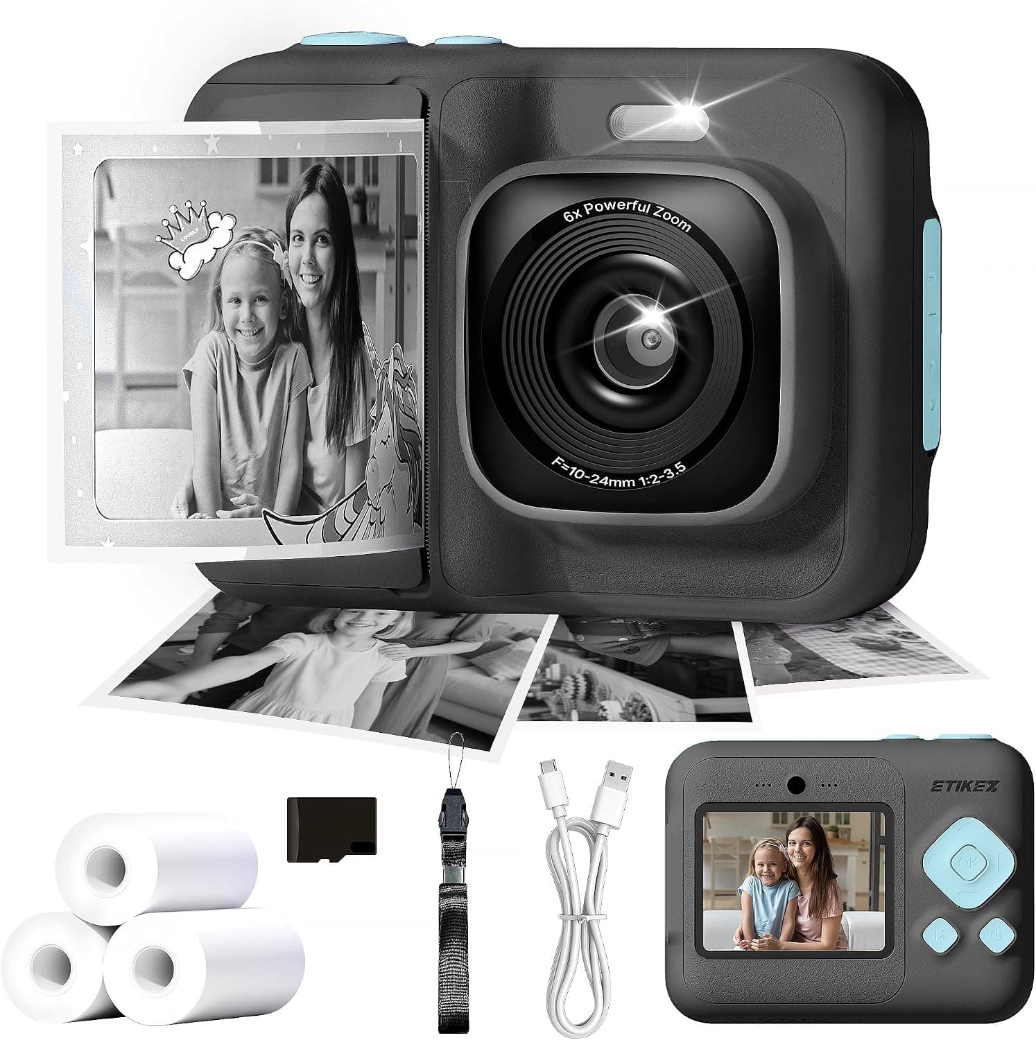 Cámara Instantánea Infantil 1080P, 3 Rollos de Papel, Negro