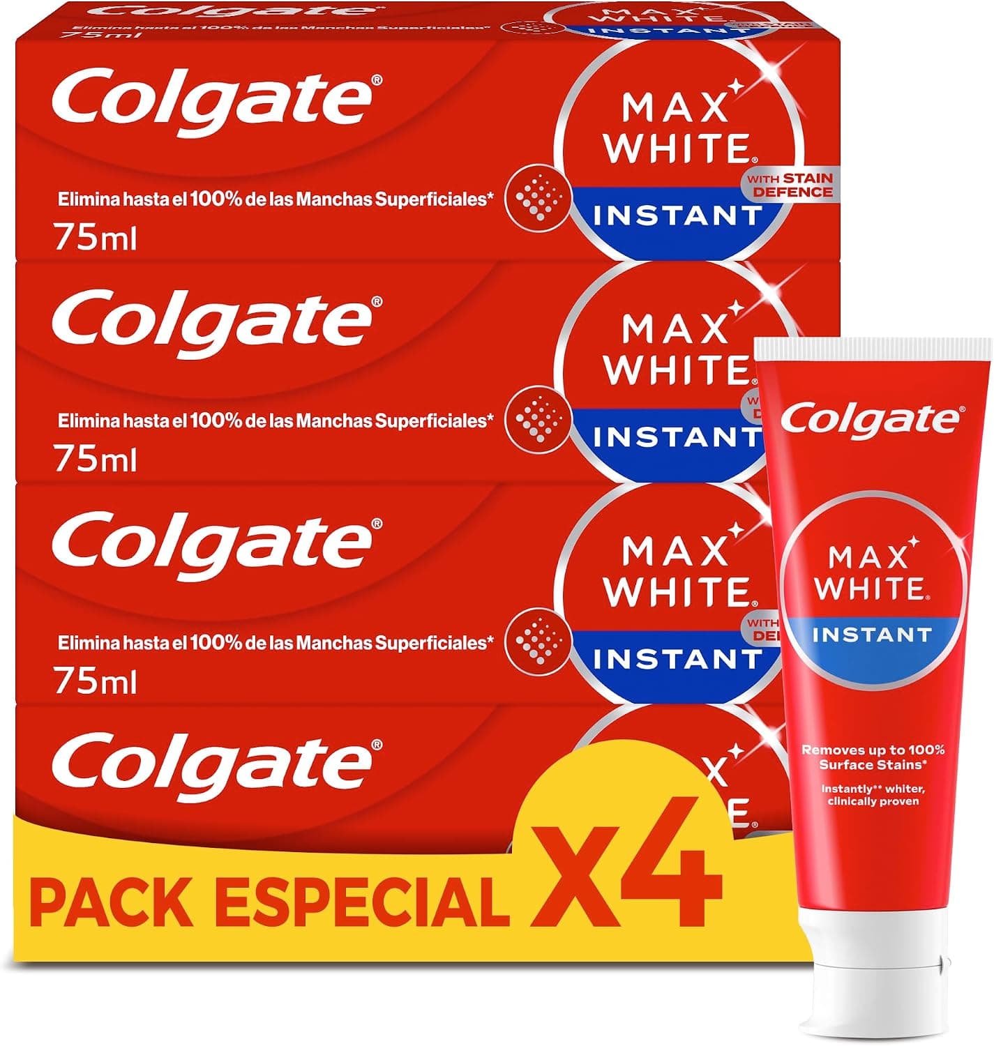 Colgate Max White Instant, Pasta Dientes Blanqueante, Pack 4x75ml