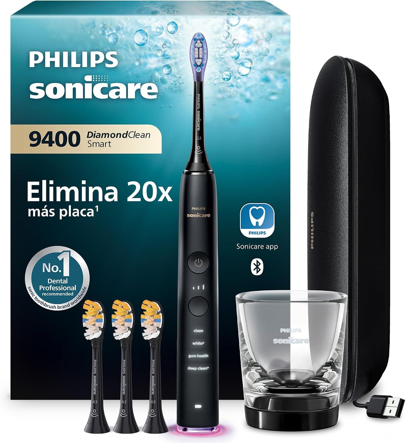 Philips Sonicare DiamondClean Smart 9400 cepillo dental eléctrico, sónico con aplicación, sensor de presión, 4 modos de cepillado y 3 niveles de intensidad, negro, modelo HX9918/89