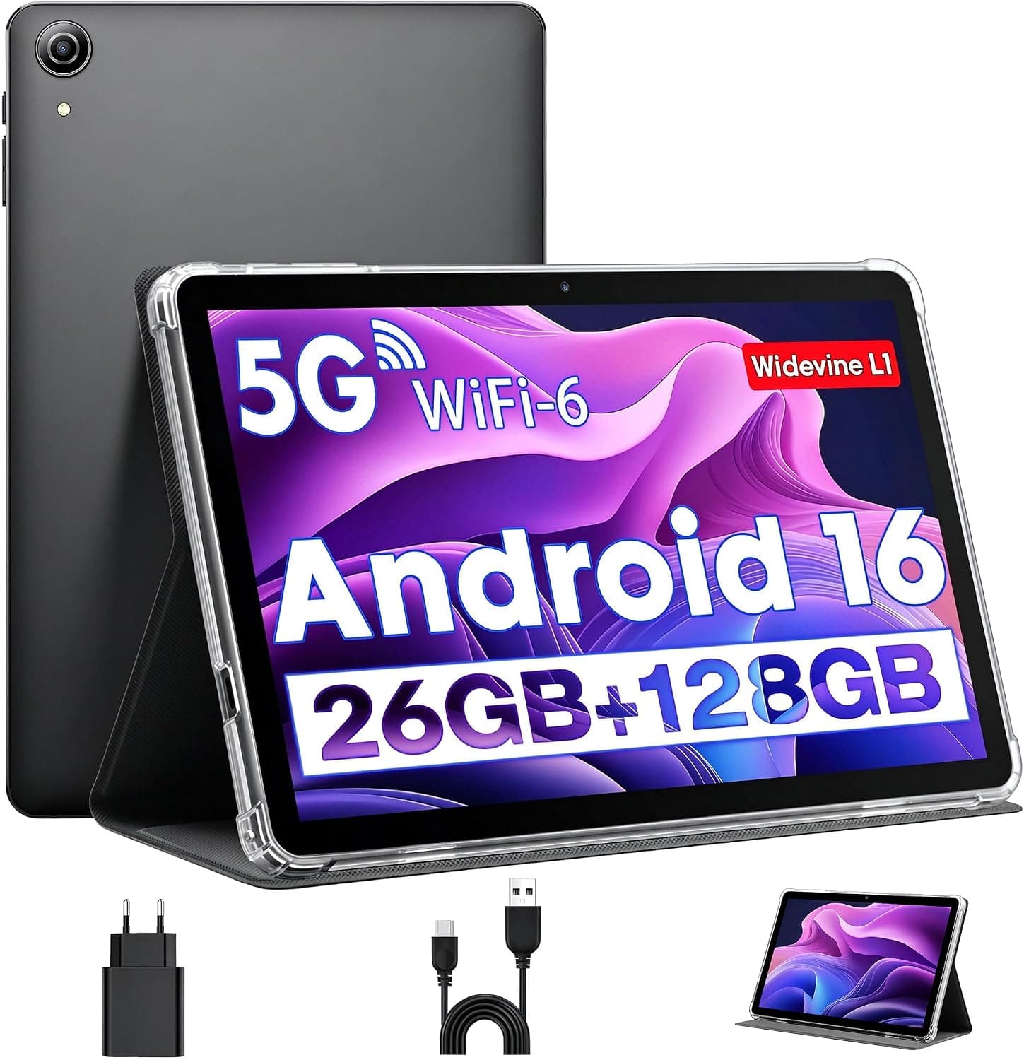Tablet 10 Pulgadas, Tableta Android 16 con Funda, Unisoc T606 6-Core, 26 GB RAM + 128 GB ROM + 1 TB TF, Pantalla HD IPS 1280x800, Cámara Dual 2MP + 5MP, 7000 mAh, WiFi 6, BT 5.0, Widevine L1 (K70)