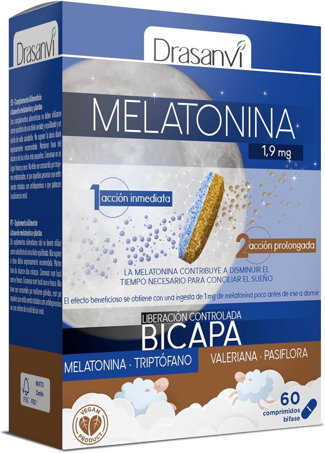 DRASANVI Melatonina Bicapa de 1,9 mg con Triptófano, Pasiflora y Valeriana | Doble Acción |Contribuye a Conciliar el Sueño de manera rápida y a una Relajación Natural | Envase 60 comp. = 60 Días