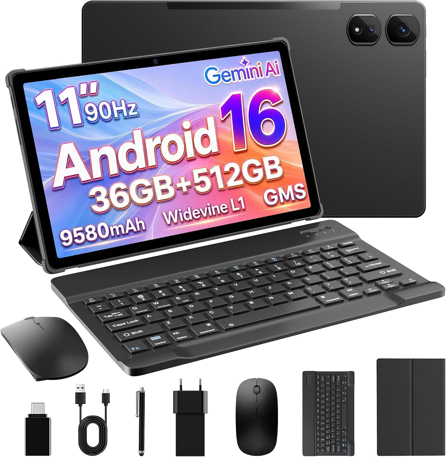 Tablet 11 Pulgadas Android 16, 36GB RAM+512GB ROM (Ampliable 2TB), Octa-Core, 4G LTE + 5G WiFi, 2000 * 1200 INCELL,Widevine L1, GPS, Tableta con Teclado, Lápiz, Ratón y Funda/Negro