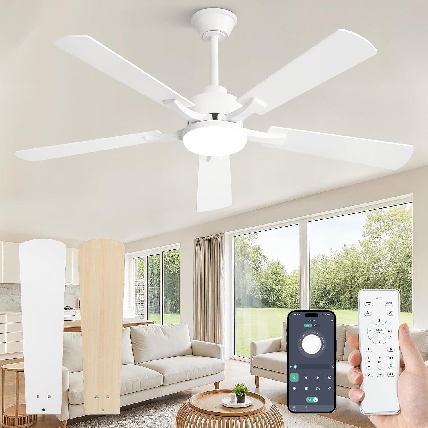 ZMISHIBO Ventilador techo Silencioso,Ø132 cm Ventilador de Techo con Luz control por control remoto/APP,6 Velocidades,3 Temperaturas de Color,Motor DC Reversible,Brillo regulable del 10% al 100%