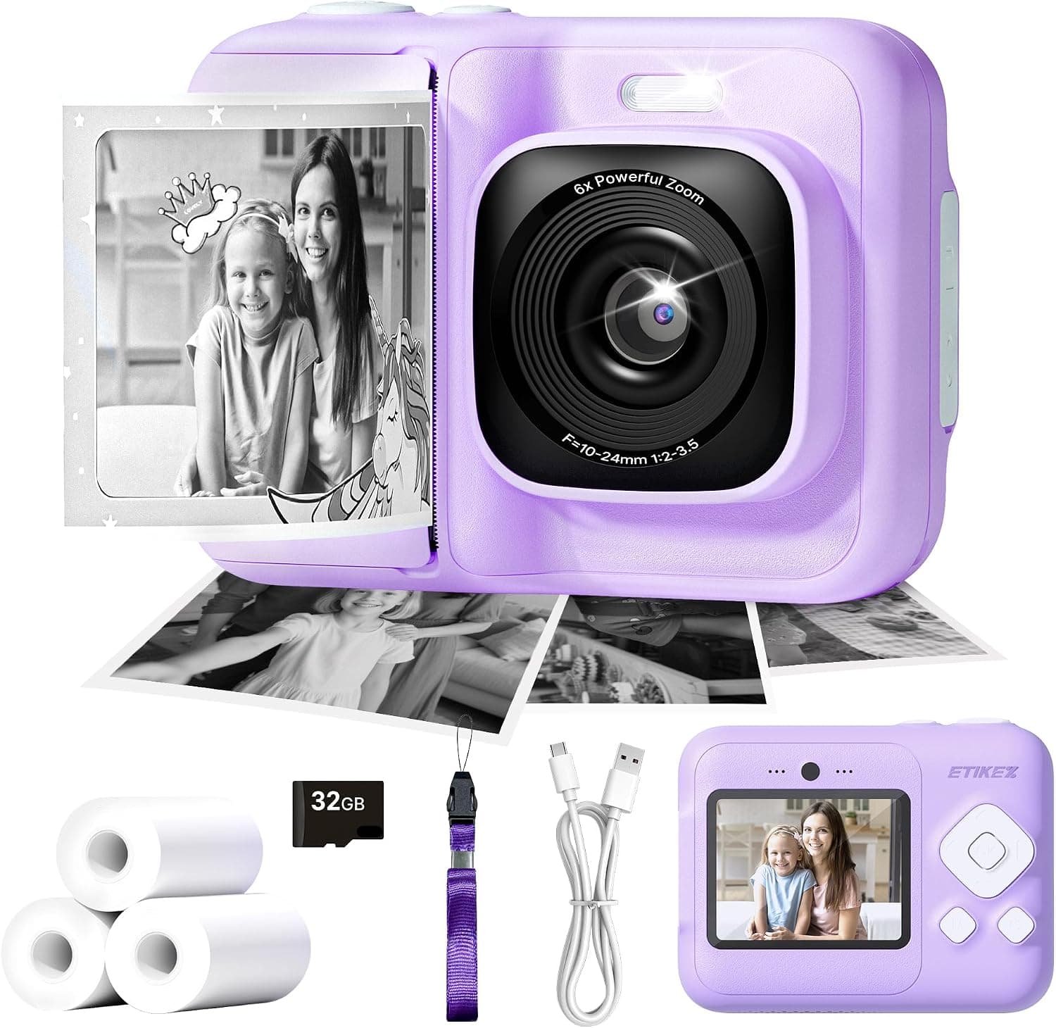 Cámara Instantánea Infantil 1080P, 3 Rollos de Papel, Morado