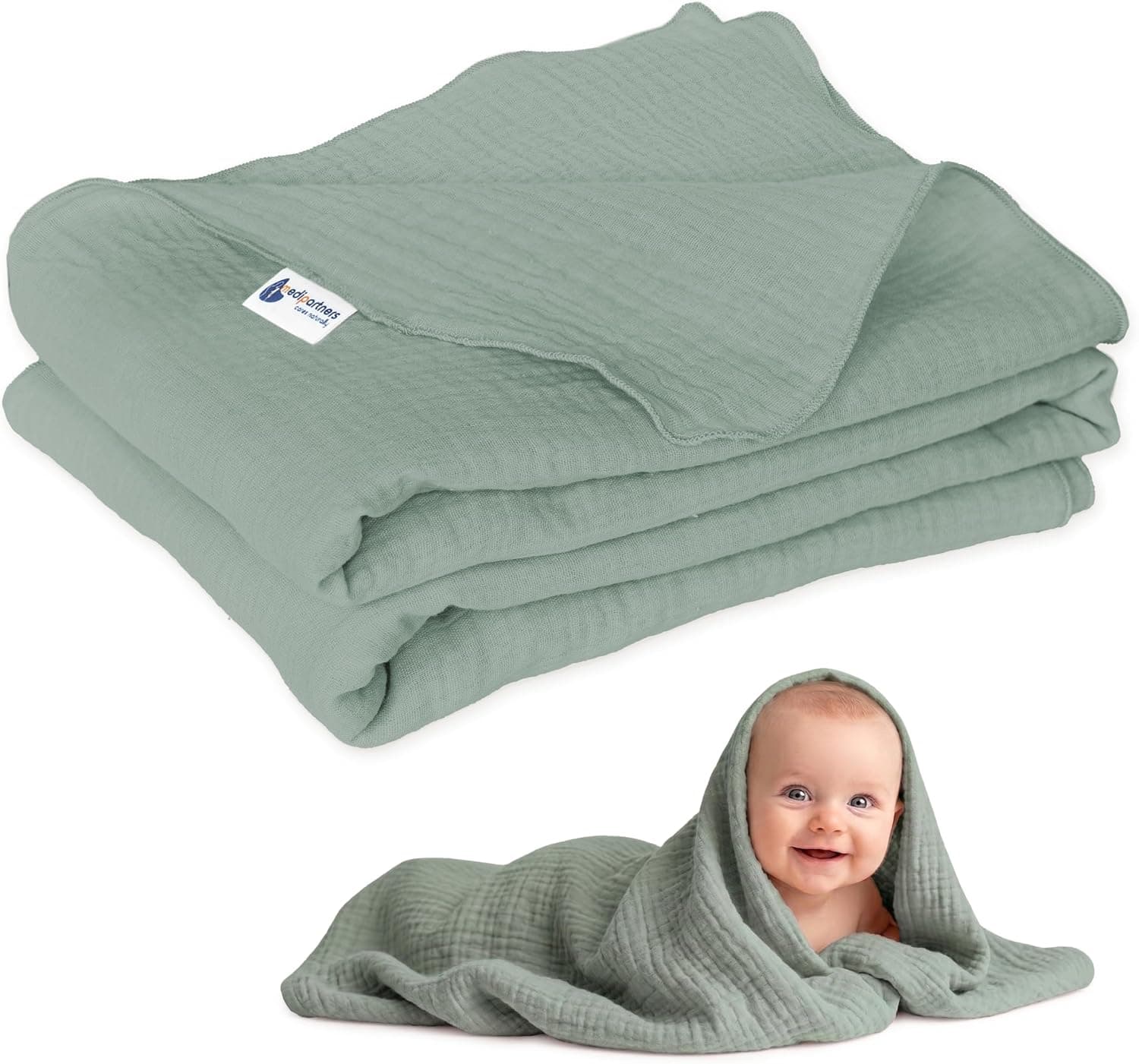 Medi Partners Manta de Muselina para Bebe 100x150cm Mantas Recien Nacido Mantita Bebes 100% Algodon Blanket Verano Bebés Universal Confortable (Oliva)