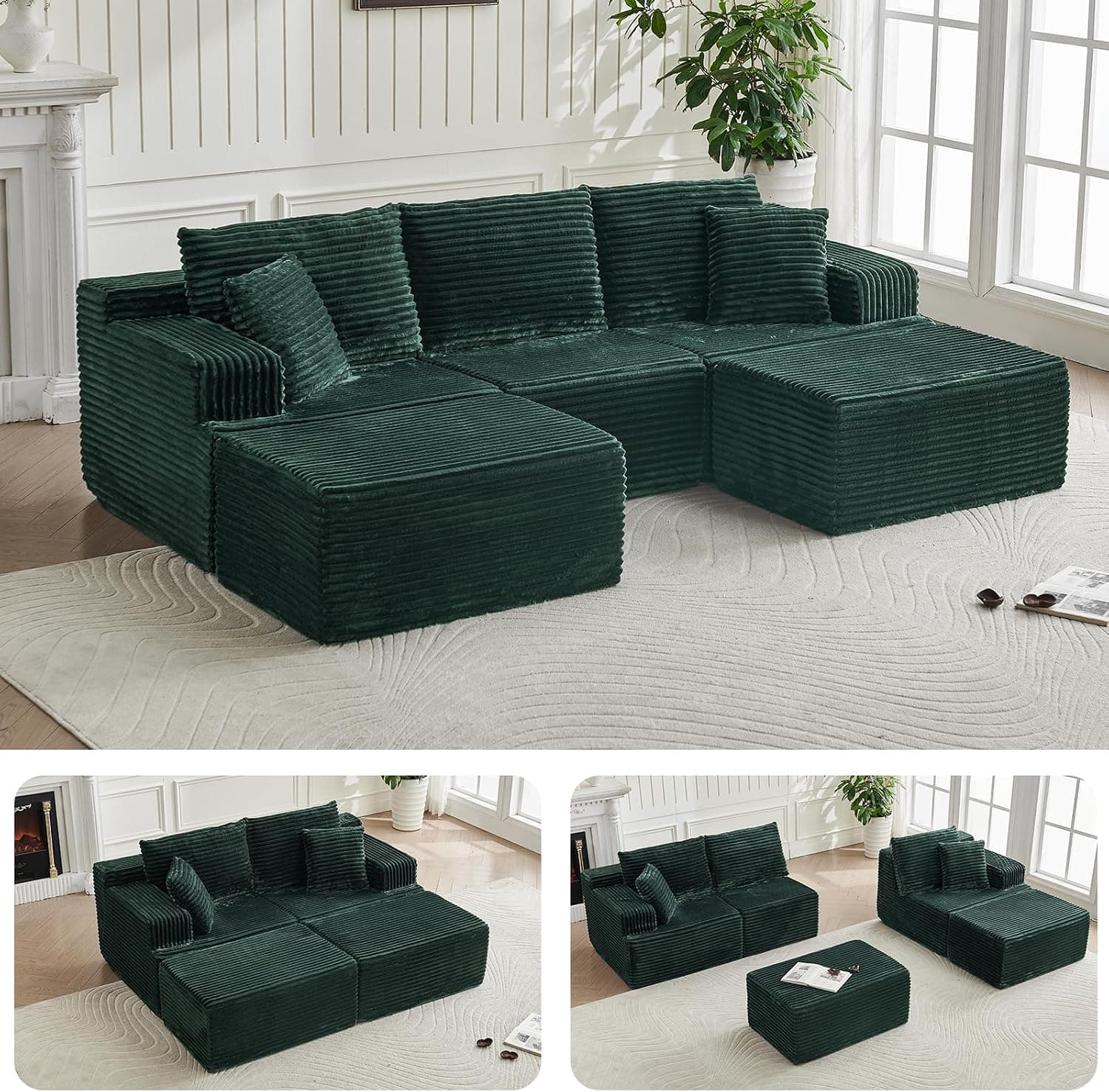 Sofá Modular en U de 262cm, Sofá de Espuma sin Montaje, Verde