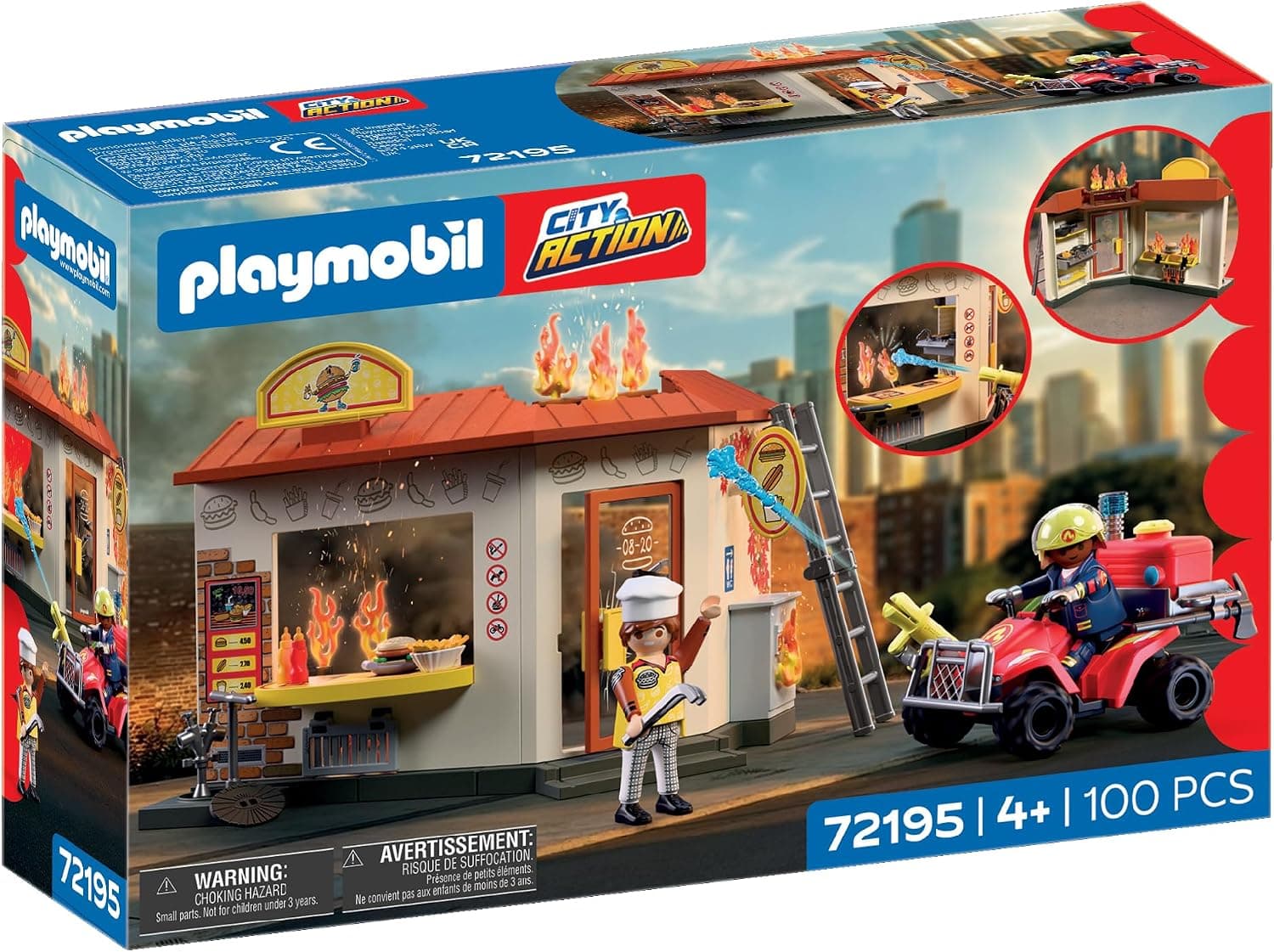 PLAYMOBIL | City Action | Quad de Bomberos con Puesto de Hamburguesas | Quad de Emergencia con Lanza de Agua, Puesto de Comida en Llamas y Accesorios | A Partir de 4 años | 72195