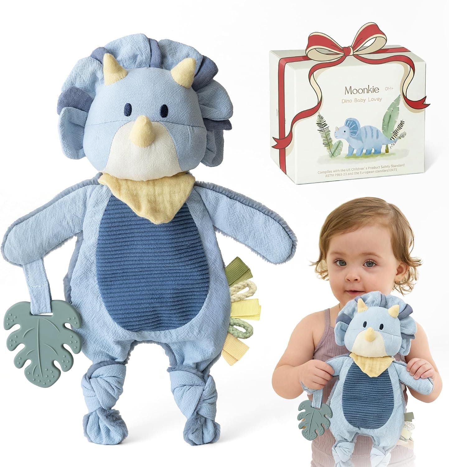 Moonkie Peluche Bebe, Doudou de Dinosaurio, Muñeco de Apego con Mordedor de Silicona, Regalo Bebe Recien Nacido Niño, Manta de Seguridad Suave, Juguetes con Cintas Texturizadas, Orejas Arrugadas