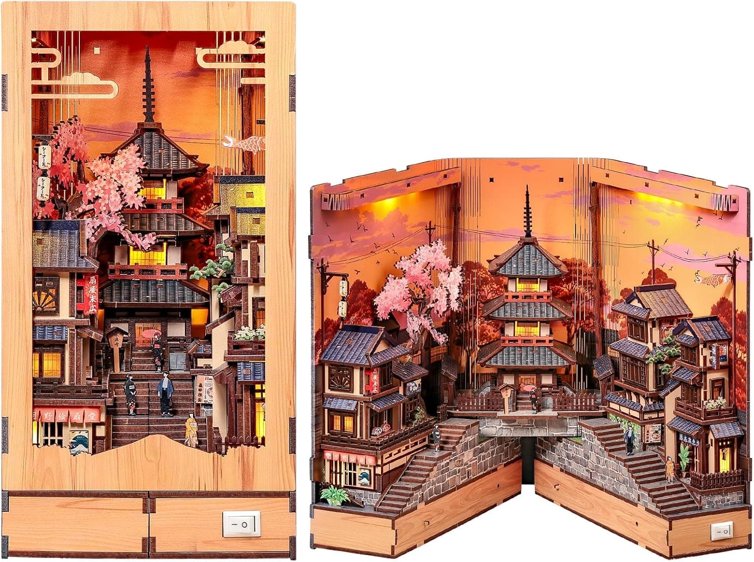 CUTEBEE Kit de construcción de Modelo de Madera 3D, Kit de Diorama de Bricolaje, Kit de rincón de Libro de Calle japonés de Kioto, casa en Miniatura de luz cálida LED, Rompecabezas de Madera 3D para