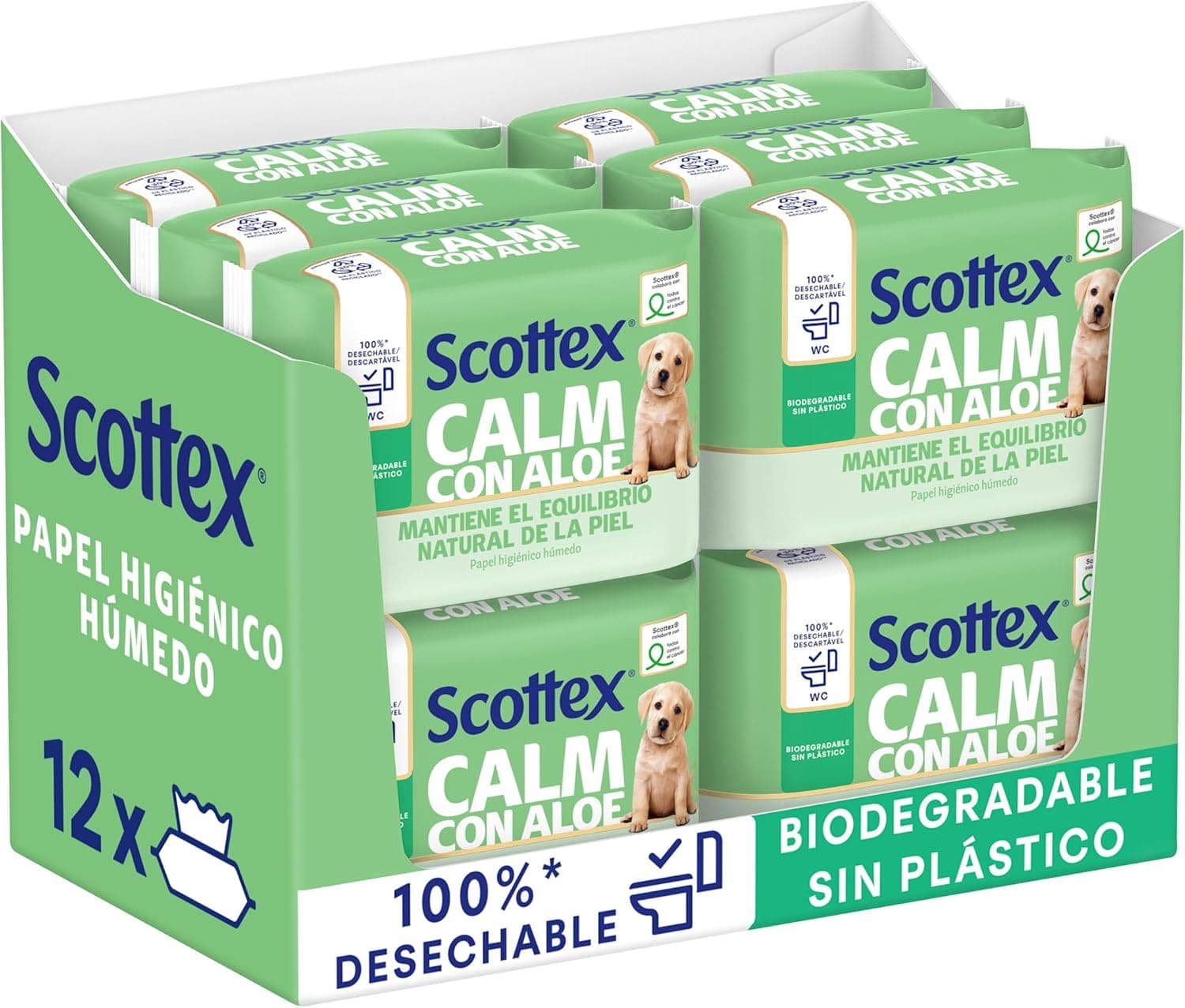 Scottex Papel Higiénico Húmedo con Aloe Vera y Prebióticos, Biodegradable y Sin Plástico, Caja 12 Packs de 66 Servicios, Total 792 Toallitas Húmedas Desechables por WC