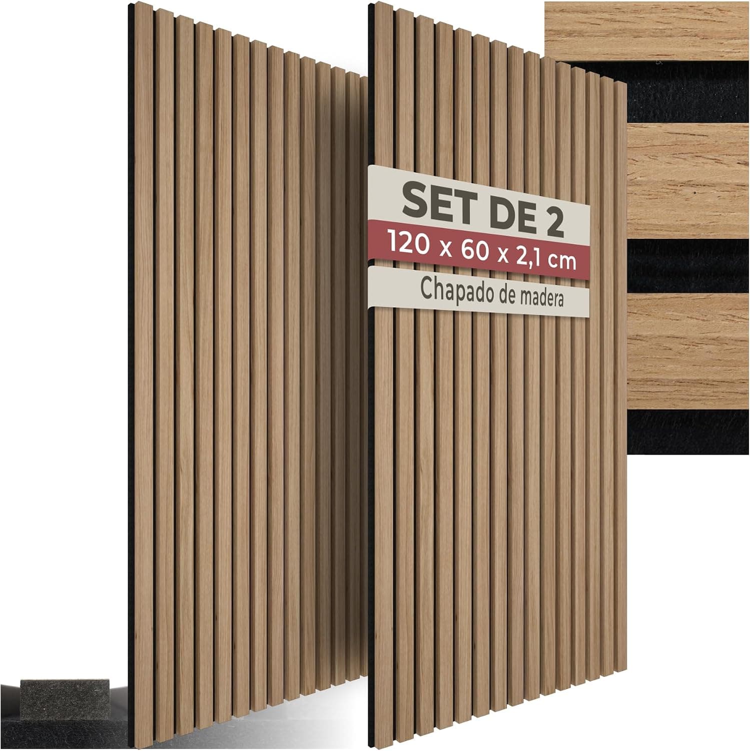 tectake® Paneles de Pared Decorativos MDF, Chapa de Madera Real, Excelente Acústica, Tejido de Fieltro y Madera, Insonorización Acústica Pared - 60 x 120 x 2,1 cm 2 Paneles Roble