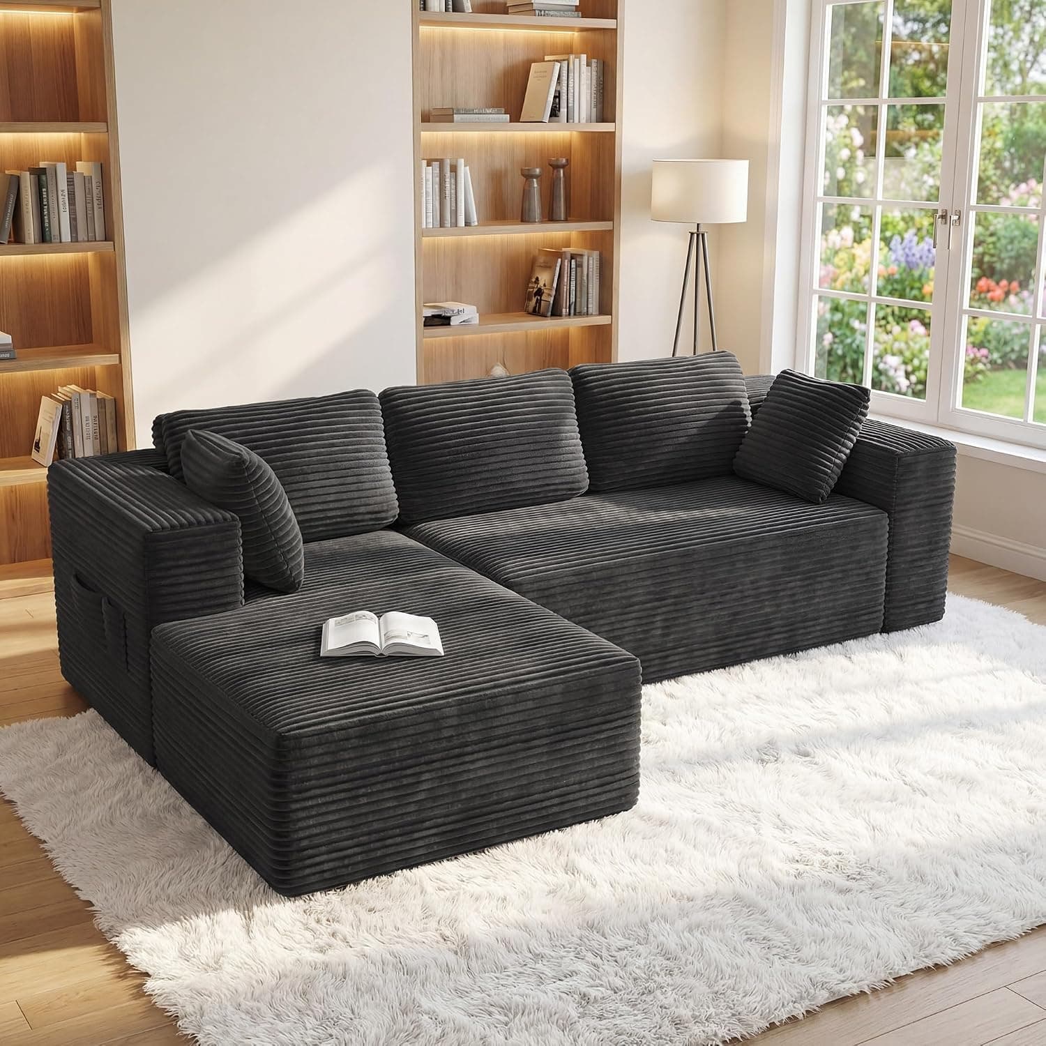 Xbro Sofa Esquinero Modular Forma L, Tela de Pana, Gris Oscuro