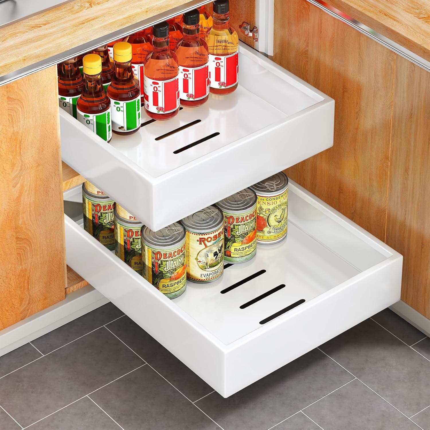 SAYZH Cajón Telescópico, Cajón Deslizante Para Alacena, Cajón de Cocina Extensible Desplegable, (25 cm de Ancho x 43 cm de Profundidad x 9 cm de Alto), Sin Necesidad de Taladrar Ni Clavar (Blanco)