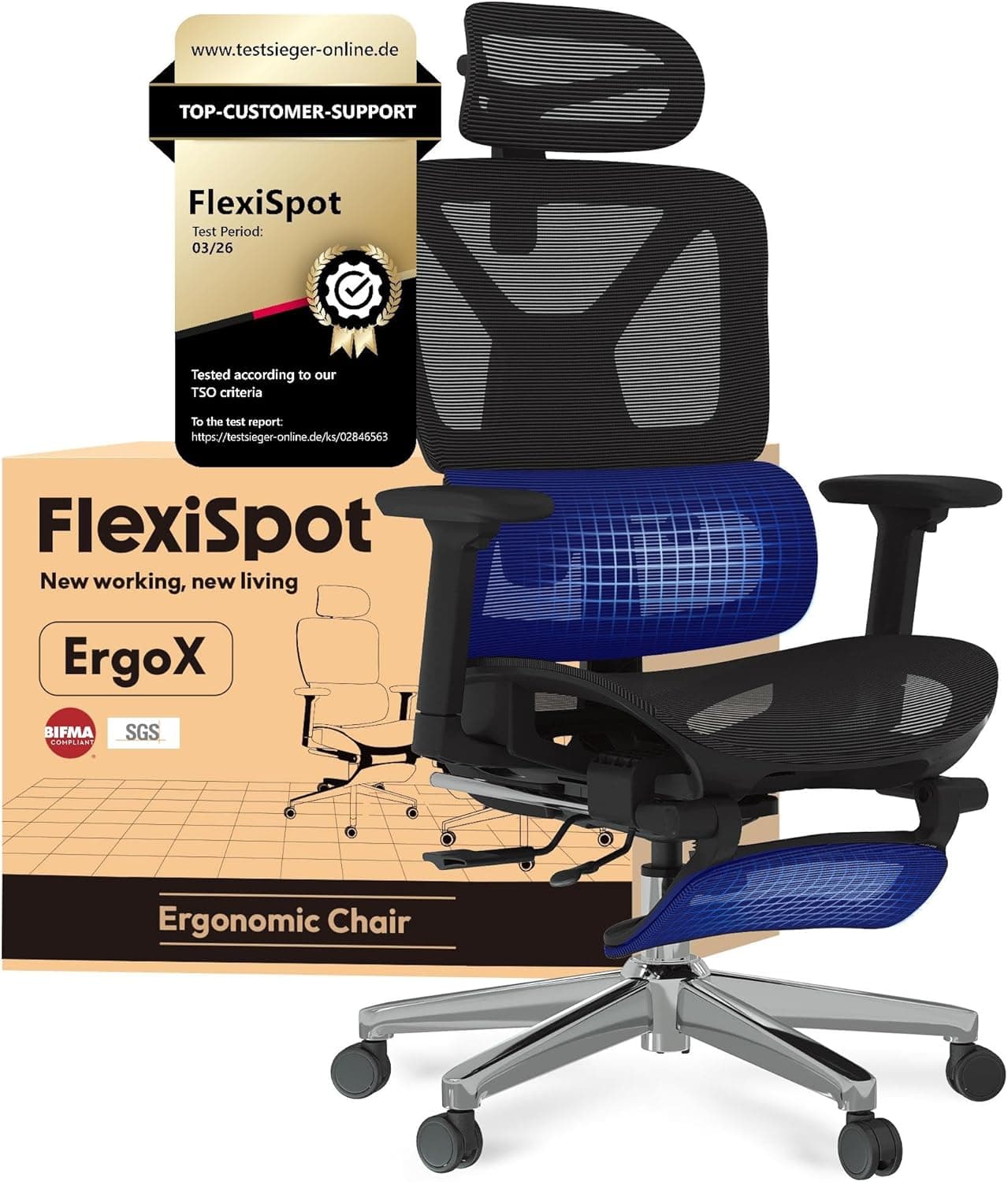 FLEXISPOT ErgoX Silla Escritorio con Reposapiés, Silla Ergonomica Escritorio con Soporte Lumbar, Respaldo 5D Ajustable, Inclinación 135°, Cojín Transpirable, Reposabrazos 3D, Ideal Oficina, Negro